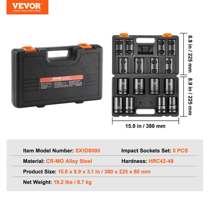 Impact Sockets Set 8pcs 6-Point 1" Drive Bit Ratchet Tool Kit Case - Image 7