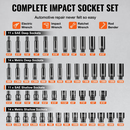 1/4" Drive Impact Socket Set, 55 Piece Deep & Shallow Socket Set SAE 5/32"-9/16" and Metric 4-15mm, 6 Point CR-V Alloy Steel for Auto Repair, Easy-to-Read Size Markings, Storage Case - Image 3