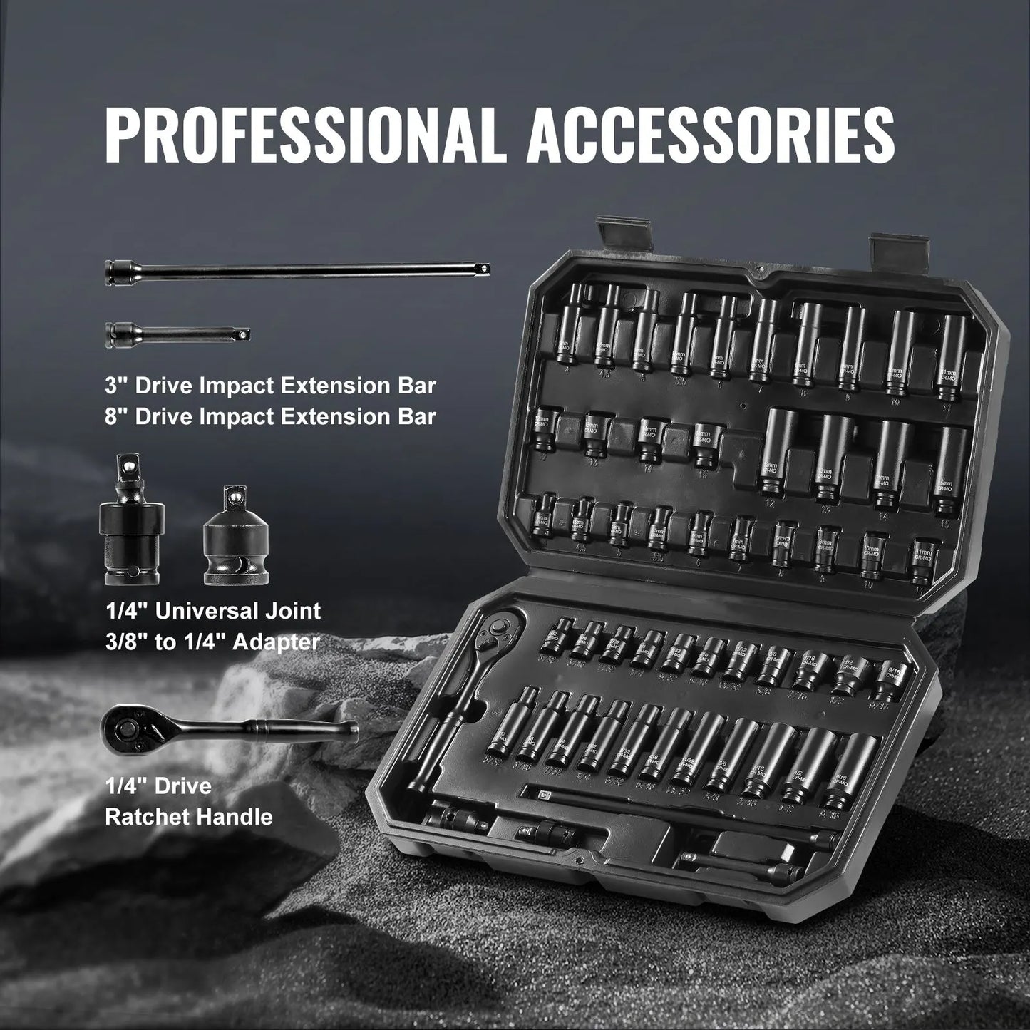 1/4" Drive Impact Socket Set, 55 Piece Deep & Shallow Socket Set SAE 5/32"-9/16" and Metric 4-15mm, 6 Point CR-V Alloy Steel for Auto Repair, Easy-to-Read Size Markings, Storage Case - Image 4