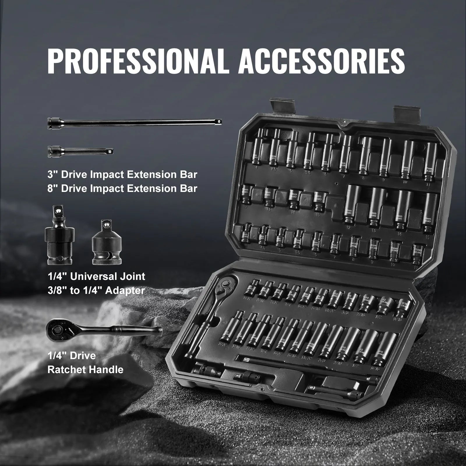 1/4" Drive Impact Socket Set, 55 Piece Deep & Shallow Socket Set SAE 5/32"-9/16" and Metric 4-15mm, 6 Point CR-V Alloy Steel for Auto Repair, Easy-to-Read Size Markings, Storage Case - Image 4