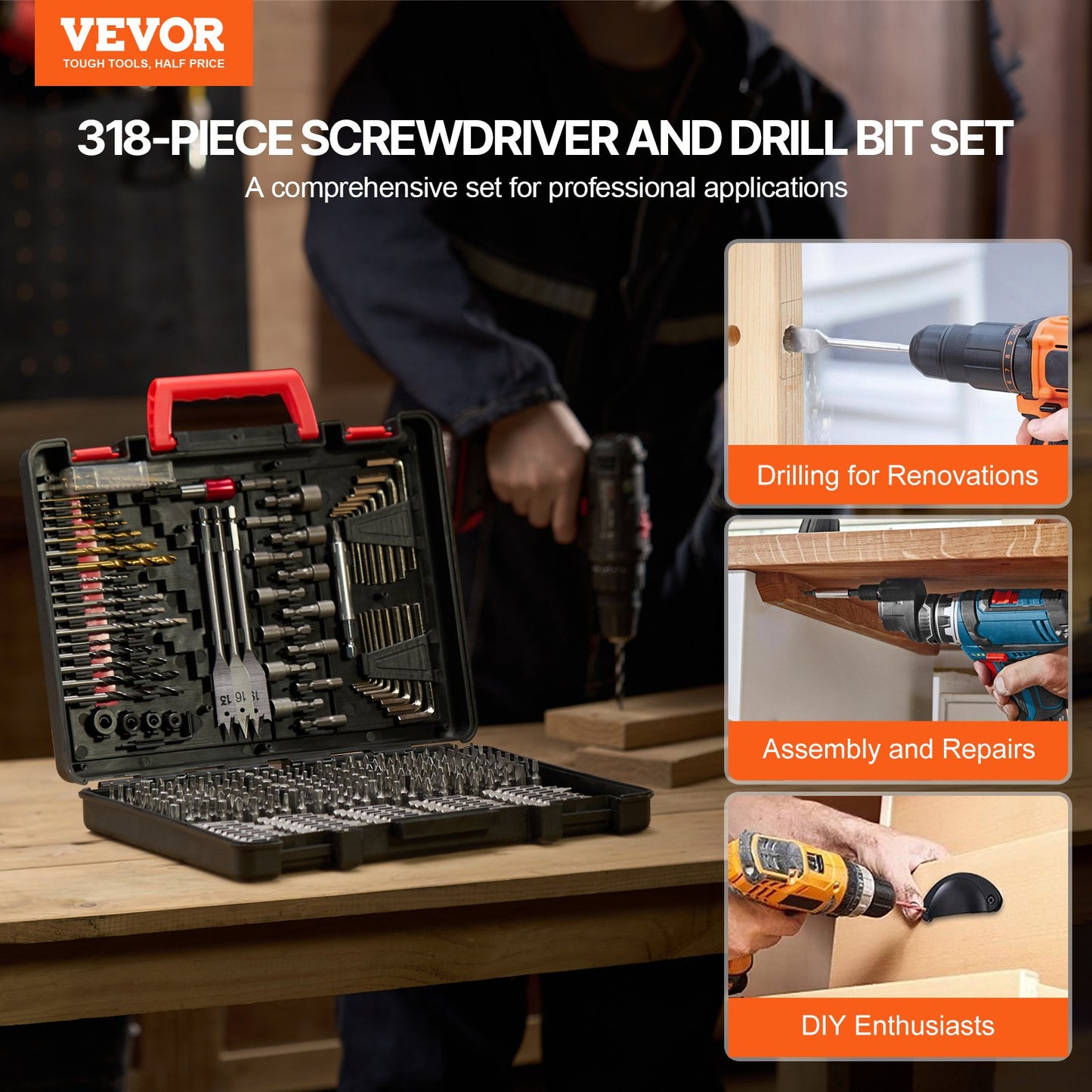 Drill Bit Set, 318 Pieces Drill and Driver Bit Set, Screwdriver Bit Set Suitable for Wood Metal Cement Drilling and Screw Driving, Drill Bit Sets Combo Kit Assorted in Organized Carrying Case - Image 2