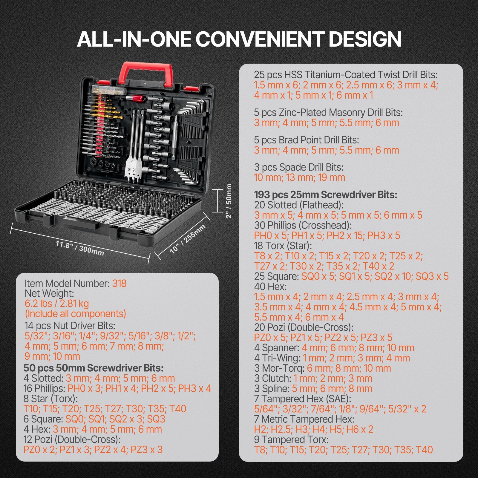 Drill Bit Set, 318 Pieces Drill and Driver Bit Set, Screwdriver Bit Set Suitable for Wood Metal Cement Drilling and Screw Driving, Drill Bit Sets Combo Kit Assorted in Organized Carrying Case - Image 7