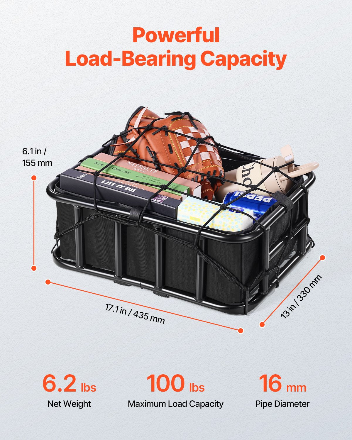Rear Bike Basket, Medium Bicycle Basket with Cargo Net, Liner & Waterproof Cover, Heavy Duty Bike Back Basket for Adult Women/Men Carrying Dogs, Pets, Fruit & Grocery, Mounting Tools Included - Image 2