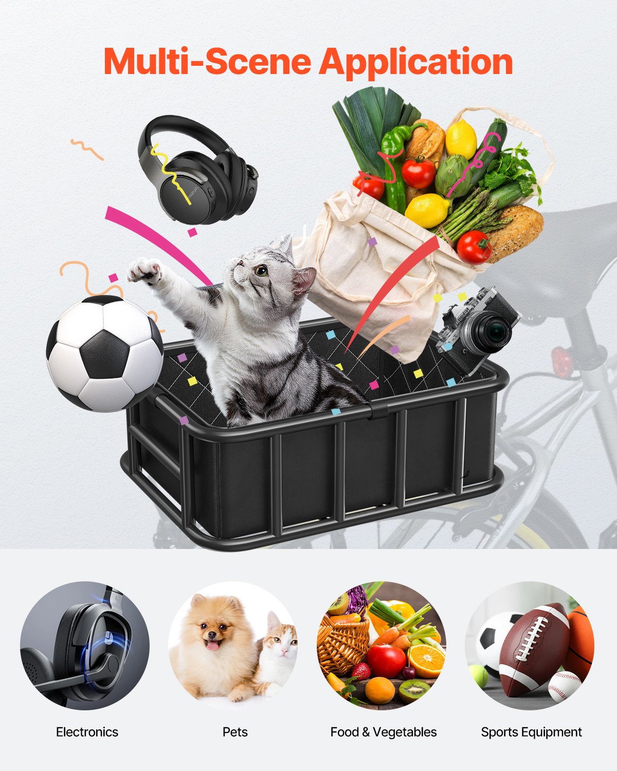 Rear Bike Basket, Medium Bicycle Basket with Cargo Net, Liner & Waterproof Cover, Heavy Duty Bike Back Basket for Adult Women/Men Carrying Dogs, Pets, Fruit & Grocery, Mounting Tools Included - Image 4