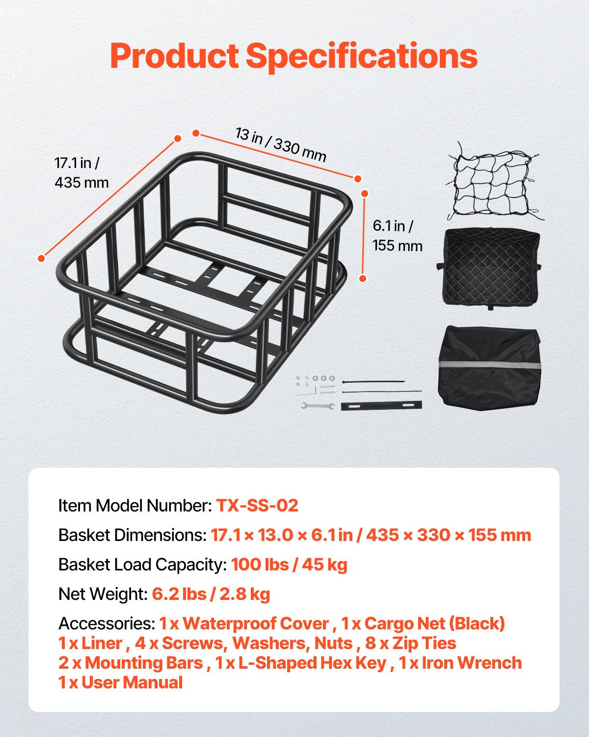 Rear Bike Basket, Medium Bicycle Basket with Cargo Net, Liner & Waterproof Cover, Heavy Duty Bike Back Basket for Adult Women/Men Carrying Dogs, Pets, Fruit & Grocery, Mounting Tools Included - Image 7