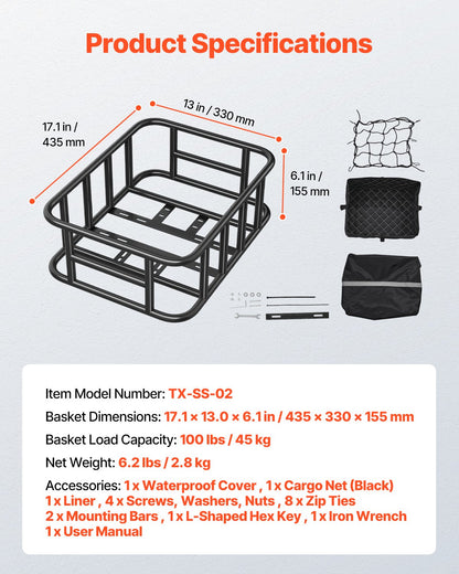 Rear Bike Basket, Medium Bicycle Basket with Cargo Net, Liner & Waterproof Cover, Heavy Duty Bike Back Basket for Adult Women/Men Carrying Dogs, Pets, Fruit & Grocery, Mounting Tools Included - Image 7