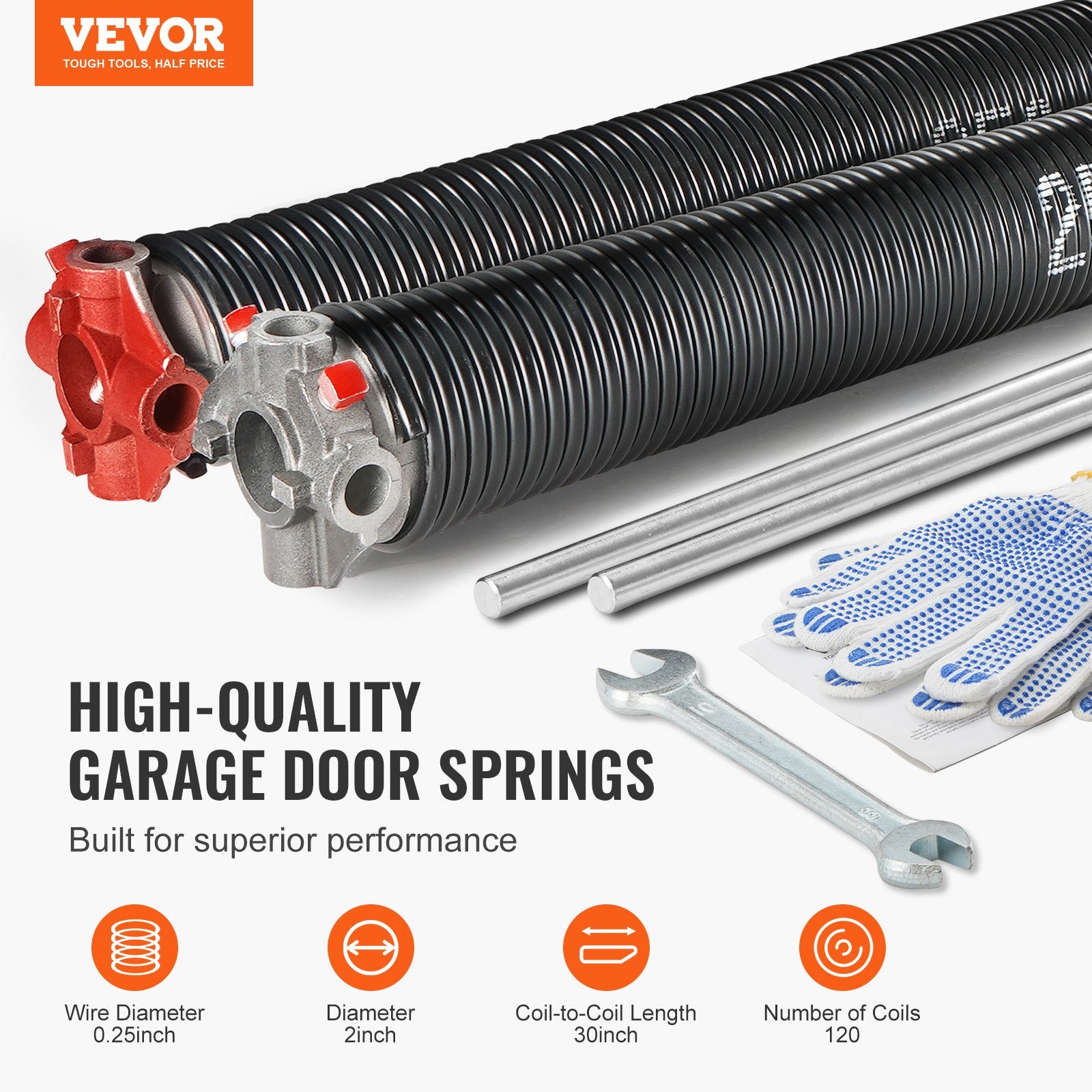Garage Door Torsion Springs, 16000 Cycles, Pair of 0.25 x 2 x 30inch, Garage Door Springs with Non-Slip Winding Bars, Mounting Tool and Gloves, Electrophoresis Coated, for Replacement - Image 2