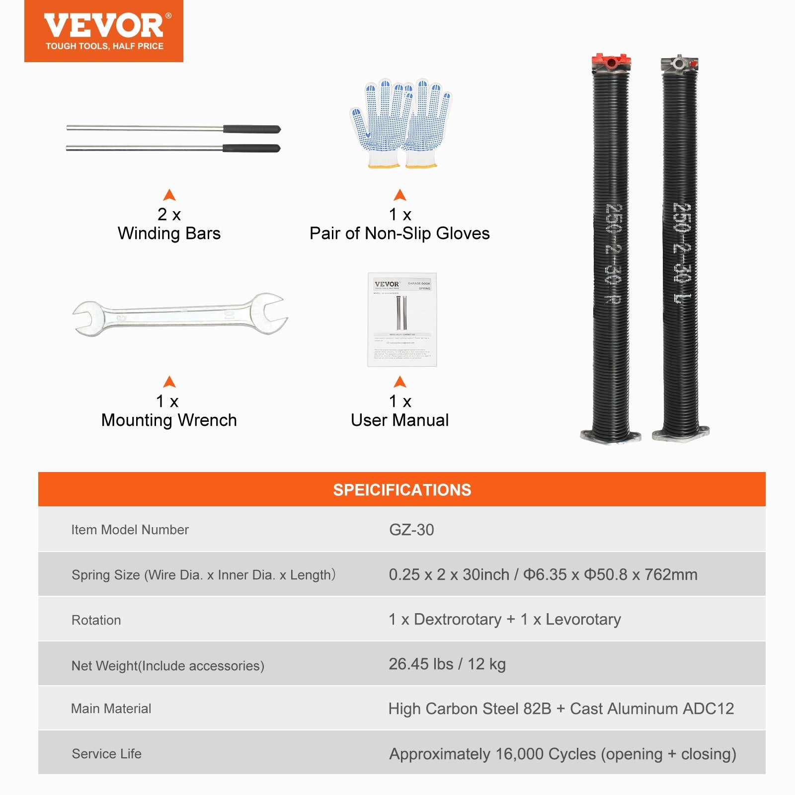 Garage Door Torsion Springs, 16000 Cycles, Pair of 0.25 x 2 x 30inch, Garage Door Springs with Non-Slip Winding Bars, Mounting Tool and Gloves, Electrophoresis Coated, for Replacement - Image 7