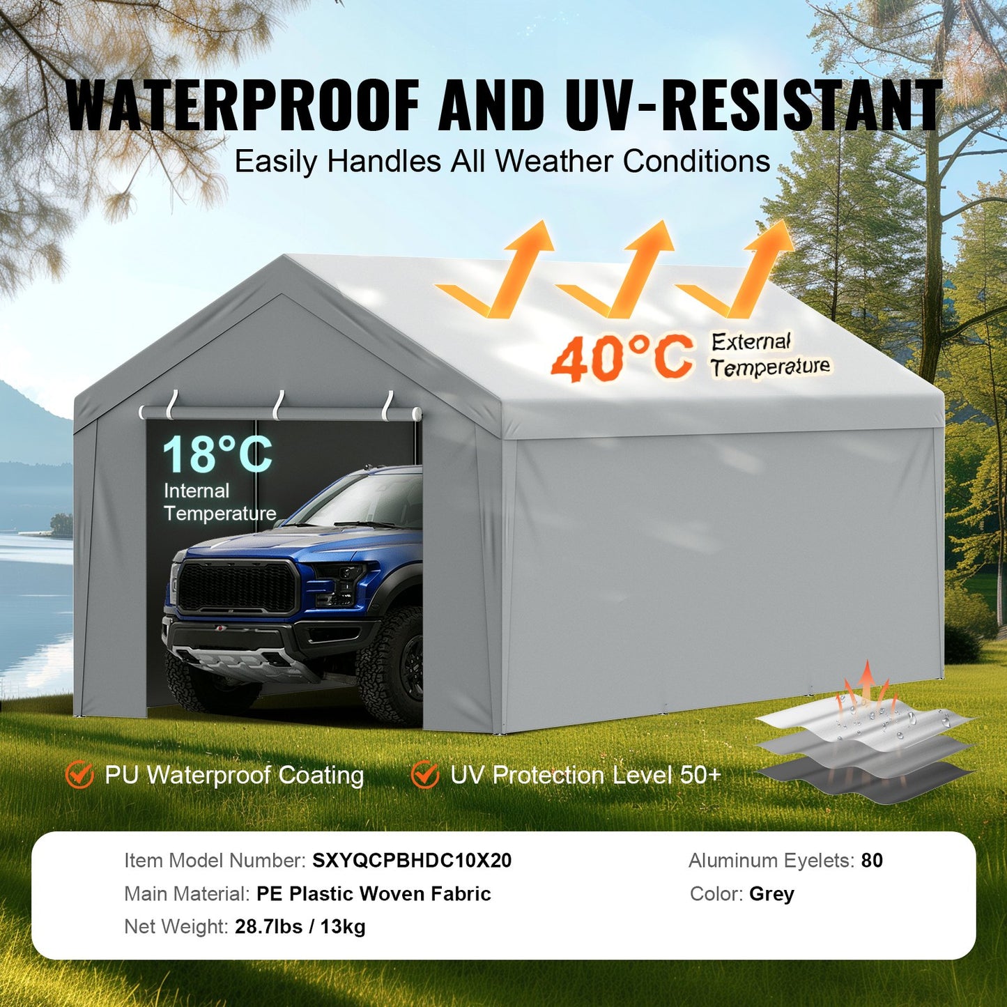 Carport Replacement Canopy Cover Top + Side Wall 10 x 20 ft, Garage Tent Shelter Tarp Heavy-Duty Waterproof & UV Protected, Easy Installation with Ball Bungees,White (Frame Not Included) - Image 3