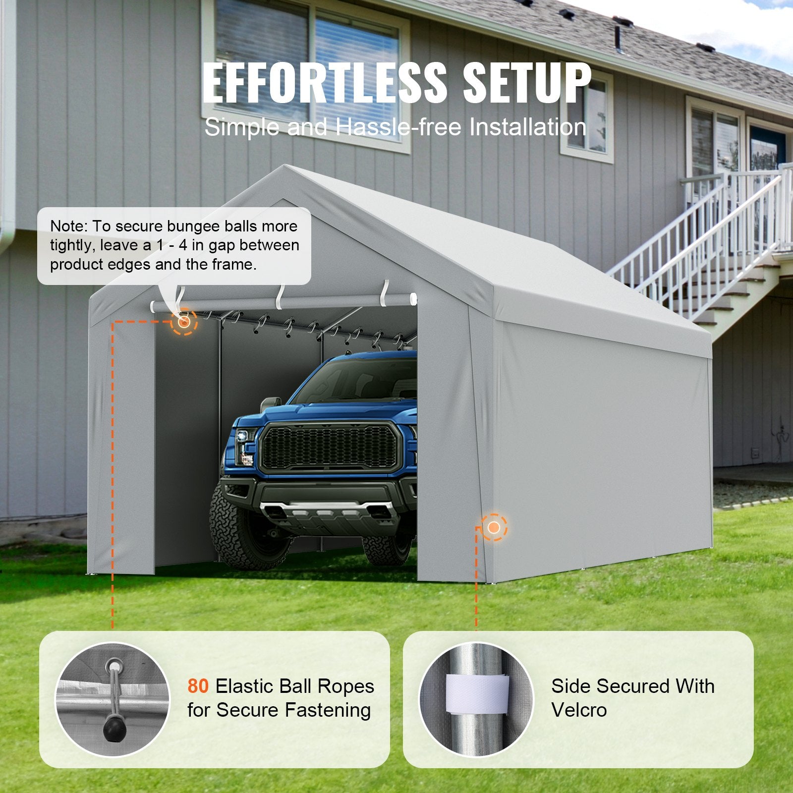 Carport Replacement Canopy Cover Top + Side Wall 10 x 20 ft, Garage Tent Shelter Tarp Heavy-Duty Waterproof & UV Protected, Easy Installation with Ball Bungees,White (Frame Not Included) - Image 5