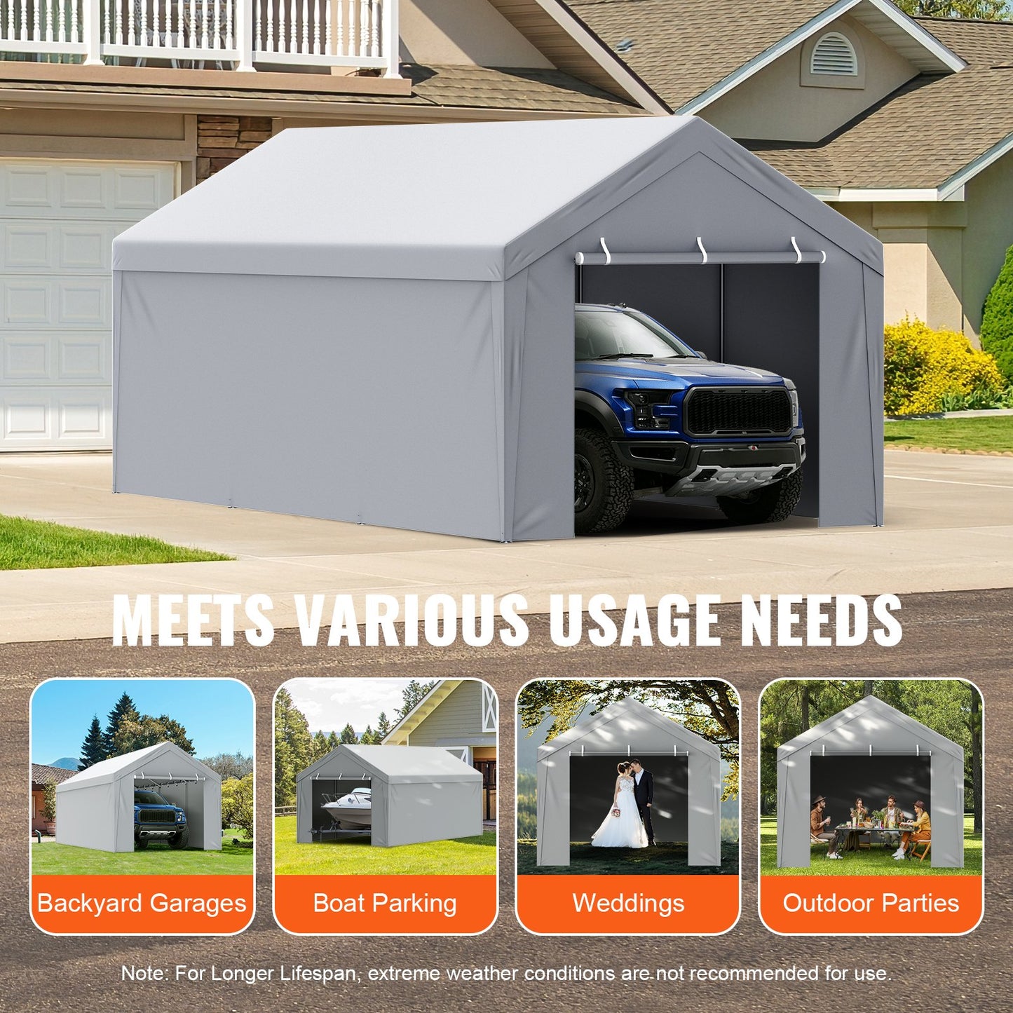 Carport Replacement Canopy Cover Top + Side Wall 10 x 20 ft, Garage Tent Shelter Tarp Heavy-Duty Waterproof & UV Protected, Easy Installation with Ball Bungees,White (Frame Not Included) - Image 7