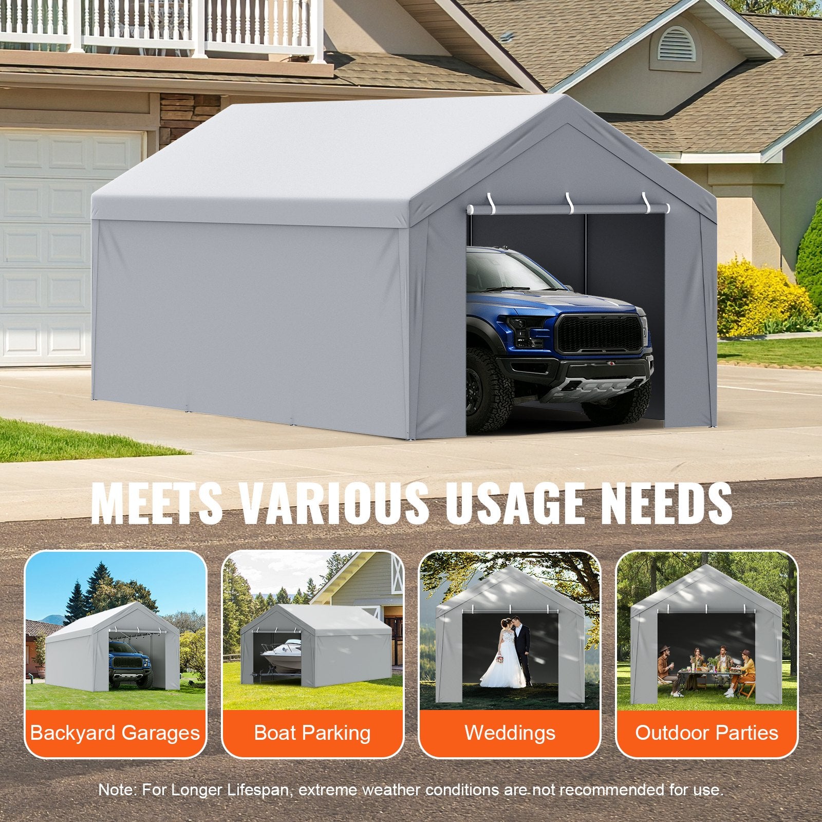 Carport Replacement Canopy Cover Top + Side Wall 10 x 20 ft, Garage Tent Shelter Tarp Heavy-Duty Waterproof & UV Protected, Easy Installation with Ball Bungees,White (Frame Not Included) - Image 7