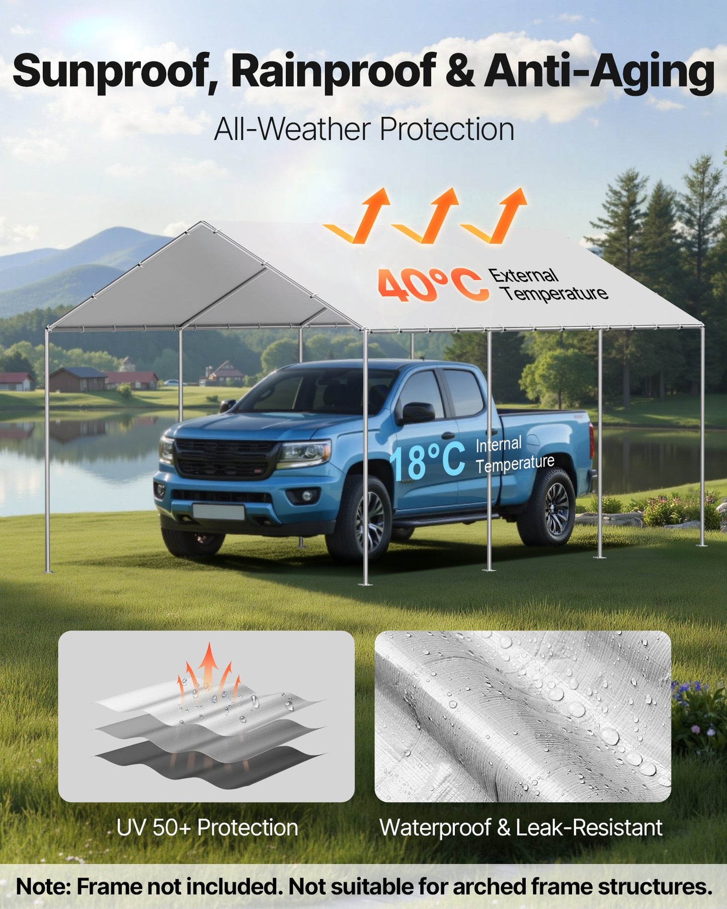 Carport Replacement Canopy, 6 x 3 m Potable Garage Tent Top Tarp, UV-Resistant & Waterproof Car Shelter Tarp, Heavy Duty Car Port Cover with Ball Buggees, Grey, Frame Not Included - Image 3