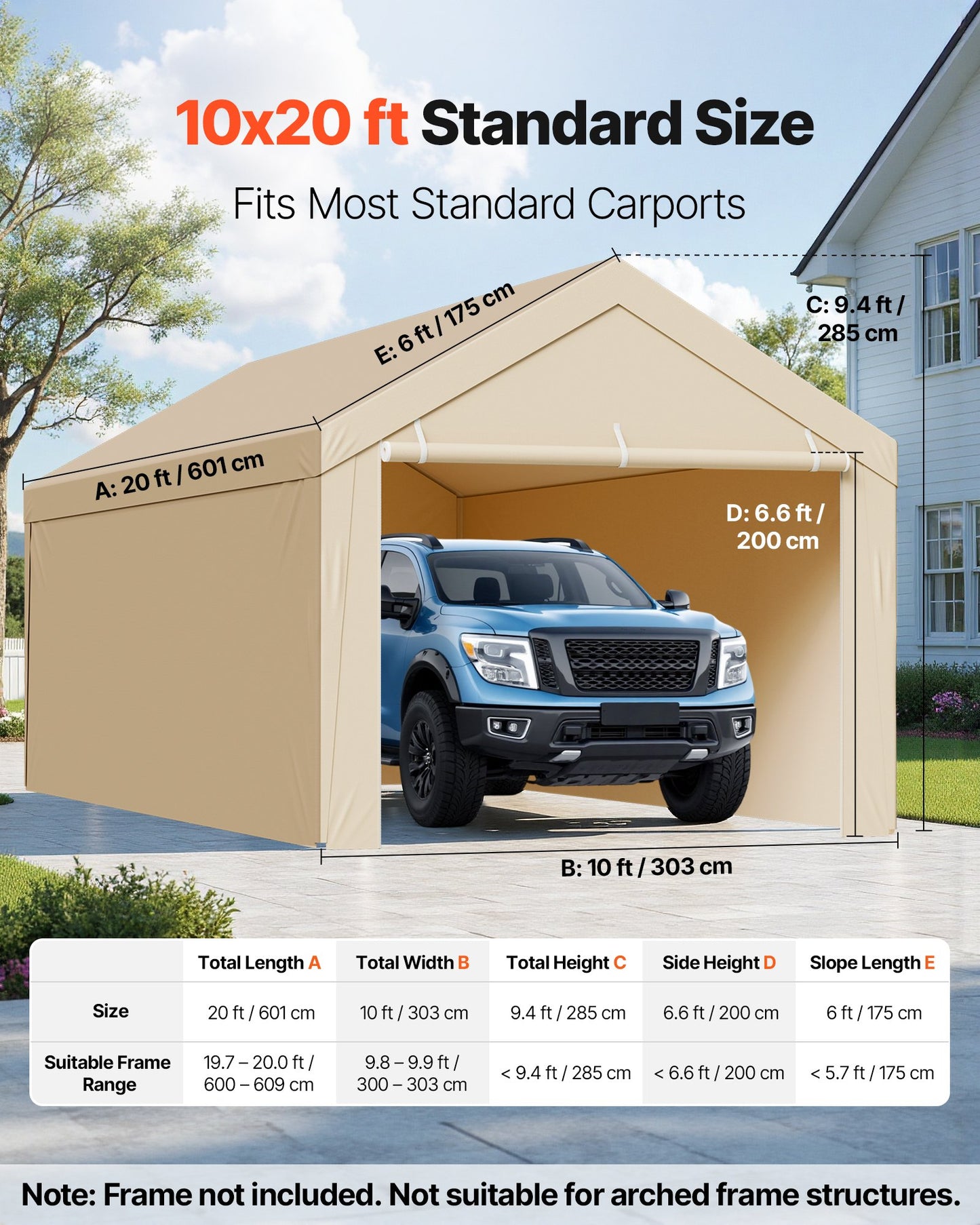 Carport Replacement Canopy, 6 x 3 m Potable Garage Tent Top Tarp with Sidewalls, UV-Resistant & Waterproof, Heavy Duty Car Shelter Tarp with Ball Buggees, Beige, Frame Not Included - Image 2