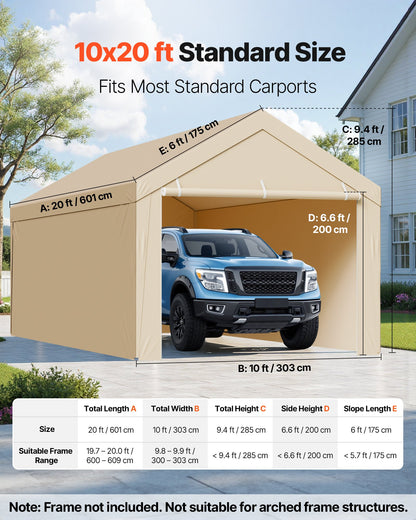 Carport Replacement Canopy, 6 x 3 m Potable Garage Tent Top Tarp with Sidewalls, UV-Resistant & Waterproof, Heavy Duty Car Shelter Tarp with Ball Buggees, Beige, Frame Not Included - Image 2