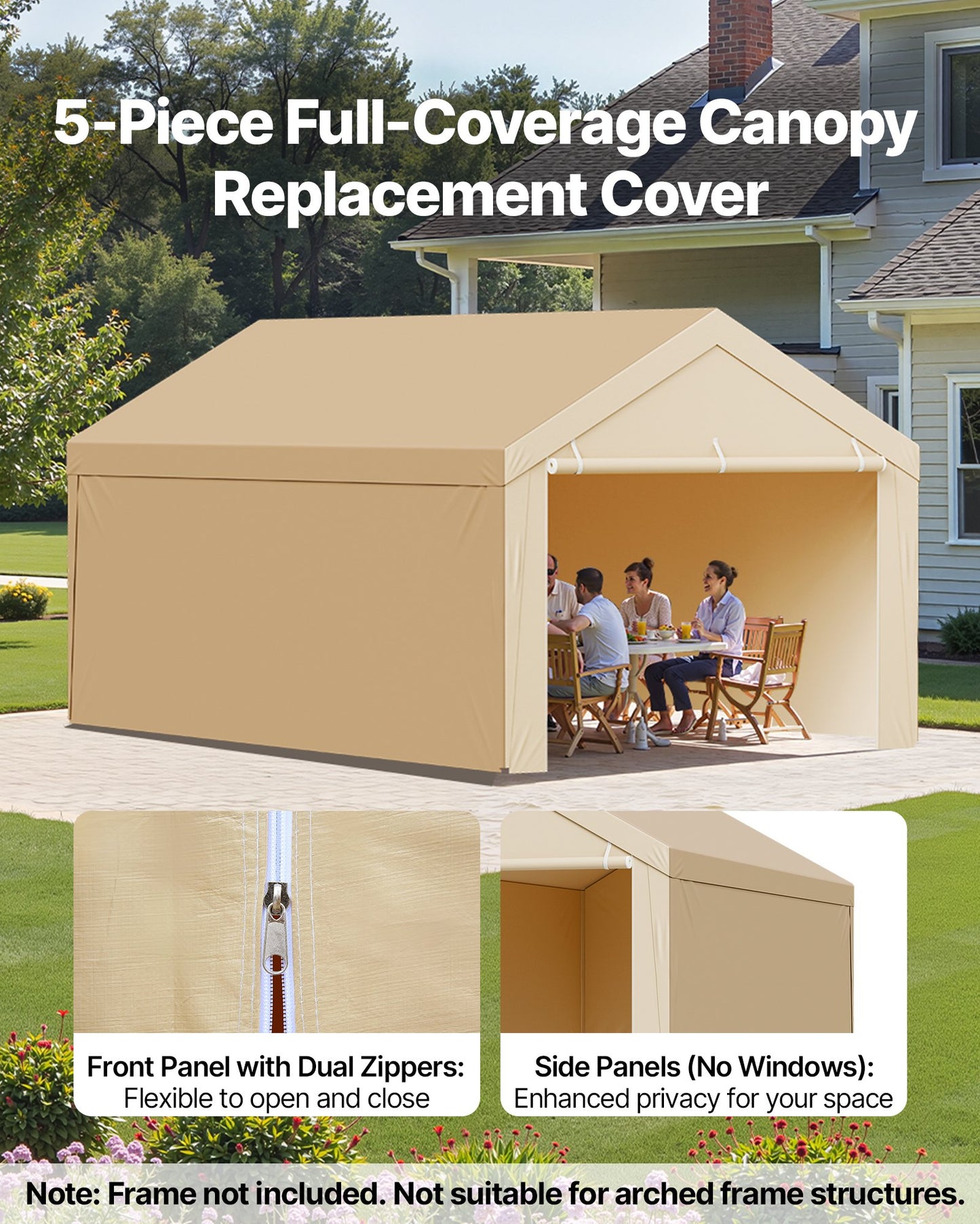 Carport Replacement Canopy, 6 x 3 m Potable Garage Tent Top Tarp with Sidewalls, UV-Resistant & Waterproof, Heavy Duty Car Shelter Tarp with Ball Buggees, Beige, Frame Not Included - Image 3