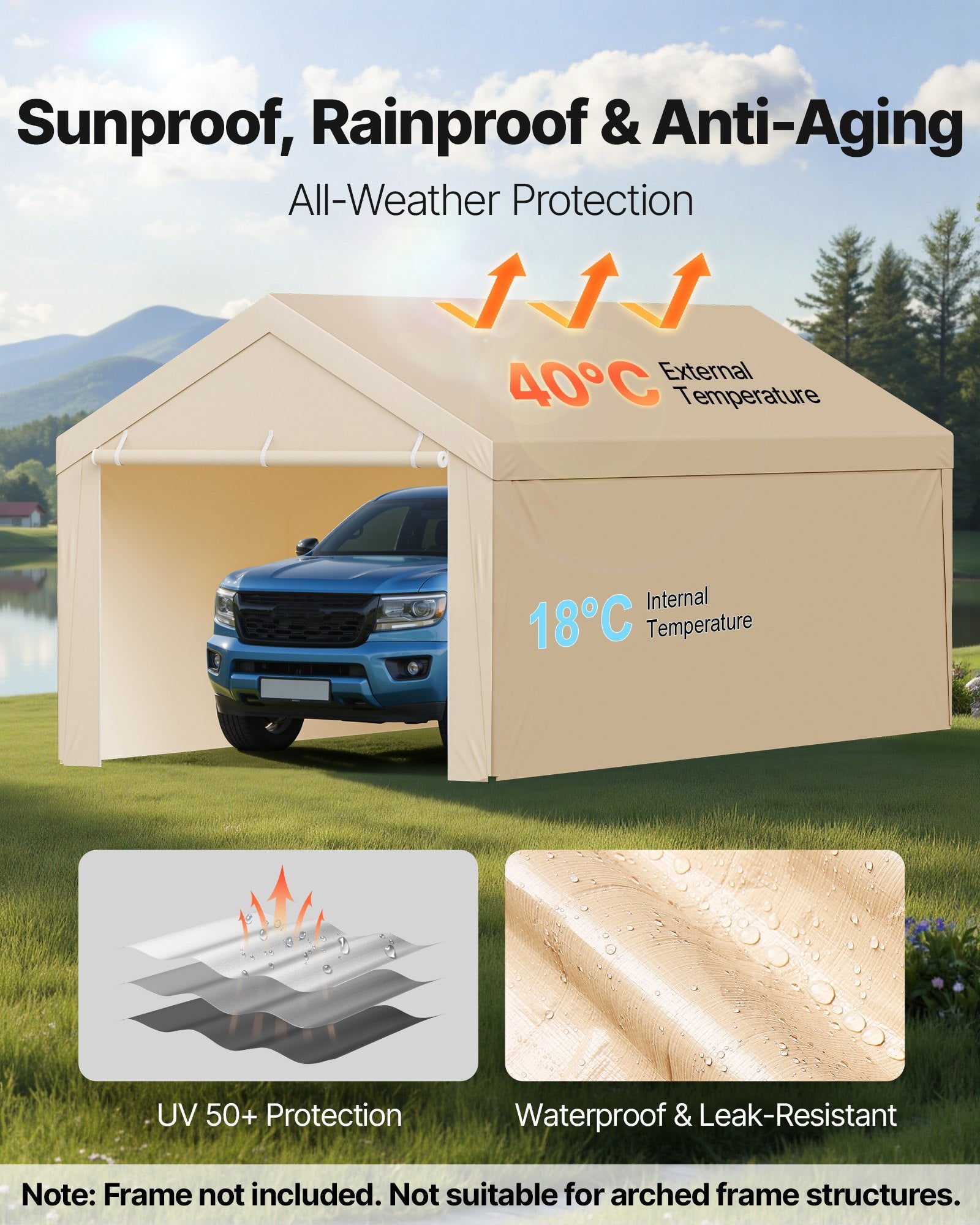 Carport Replacement Canopy, 6 x 3 m Potable Garage Tent Top Tarp with Sidewalls, UV-Resistant & Waterproof, Heavy Duty Car Shelter Tarp with Ball Buggees, Beige, Frame Not Included - Image 4