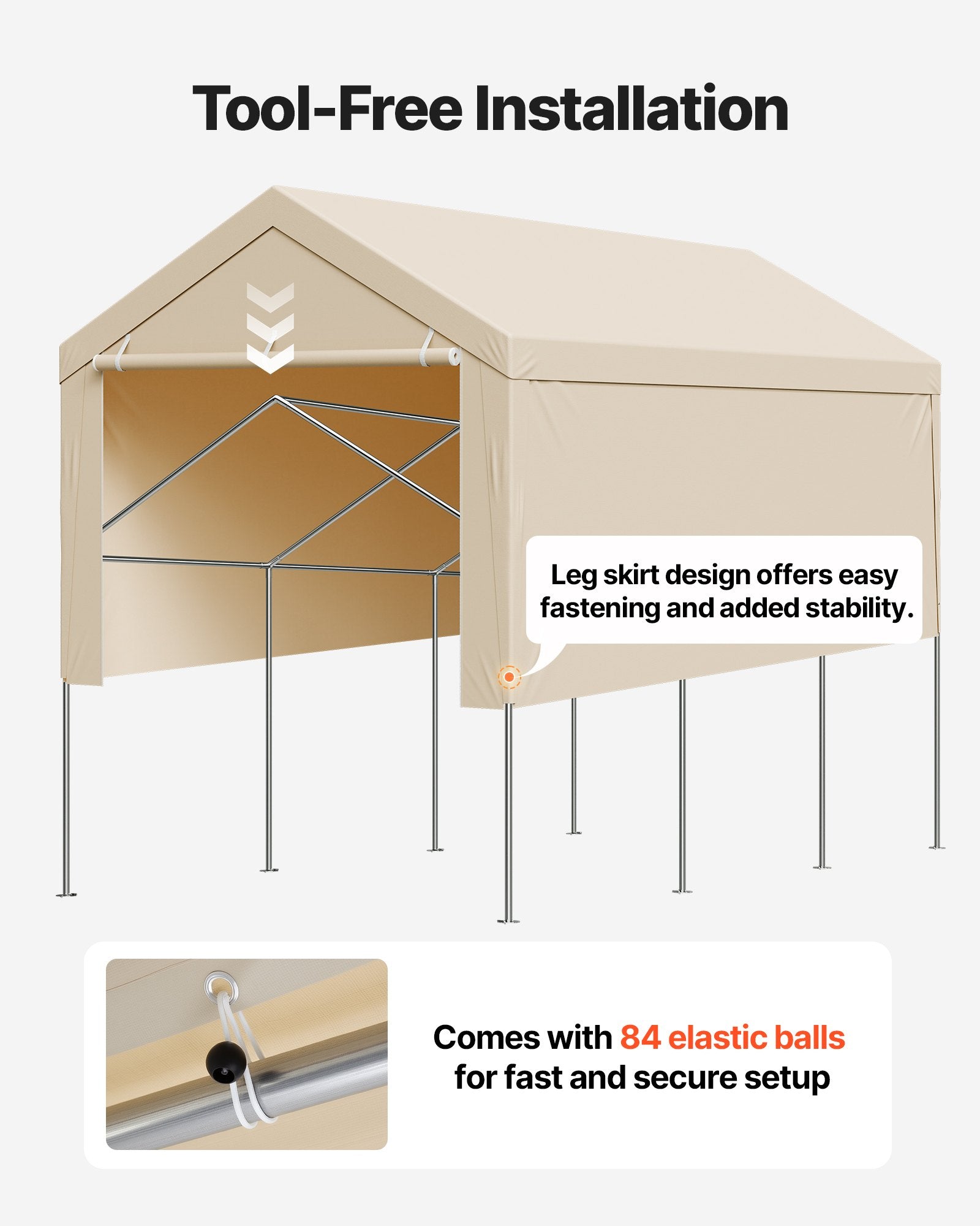 Carport Replacement Canopy, 6 x 3 m Potable Garage Tent Top Tarp with Sidewalls, UV-Resistant & Waterproof, Heavy Duty Car Shelter Tarp with Ball Buggees, Beige, Frame Not Included - Image 6