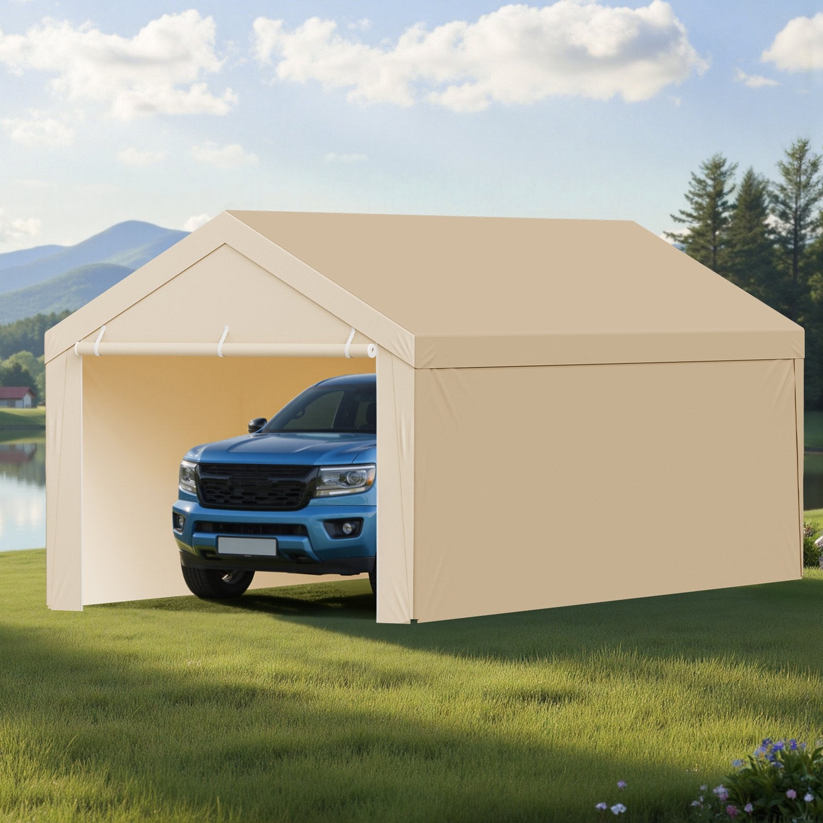 Carport Replacement Canopy, 6 x 3 m Potable Garage Tent Top Tarp with Sidewalls, UV-Resistant & Waterproof, Heavy Duty Car Shelter Tarp with Ball Buggees, Beige, Frame Not Included - Image 8