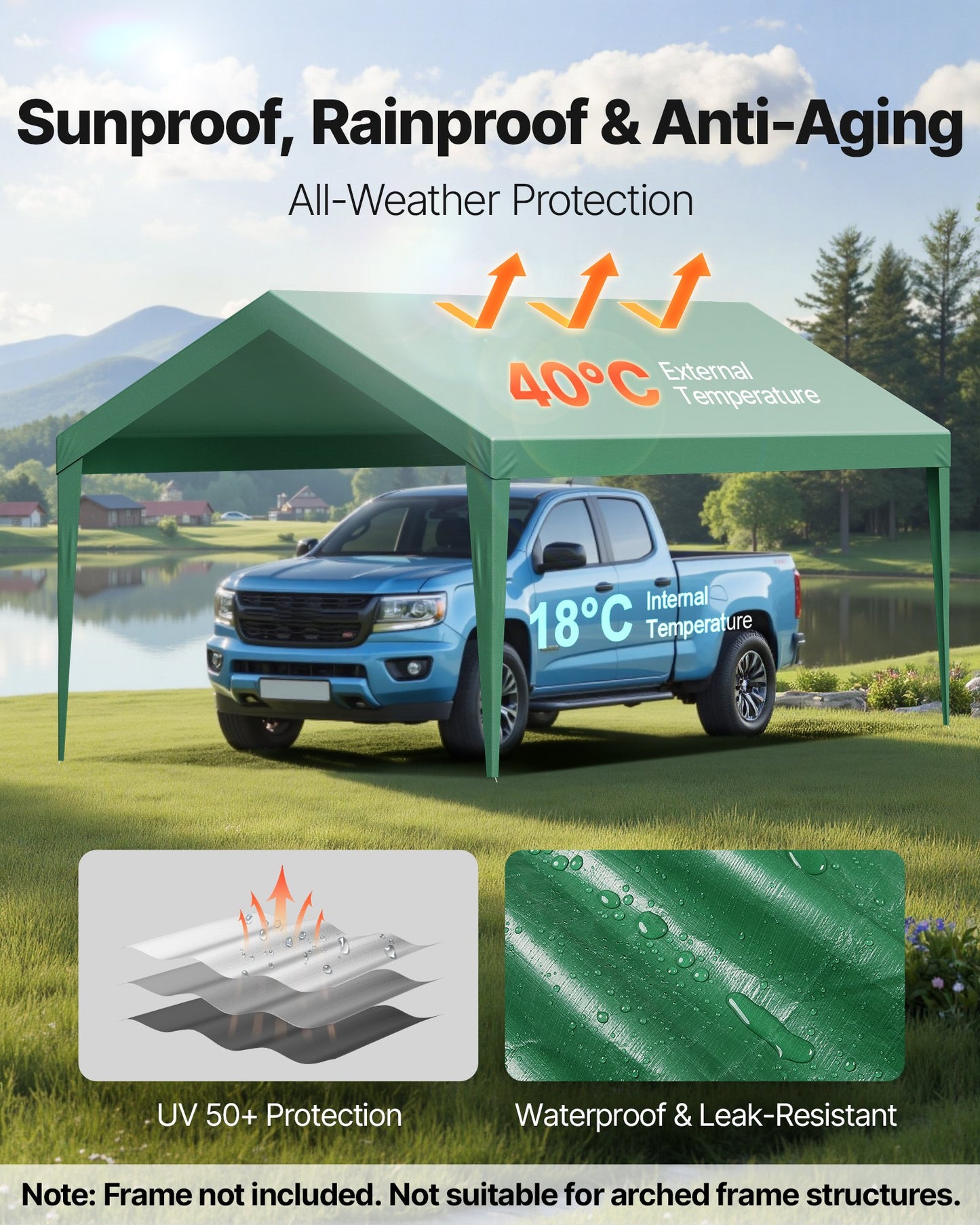 Carport Replacement Canopy, 6 x 3 m Potable Garage Tent Top Tarp, UV-Resistant & Waterproof Car Shelter Tarp, Heavy Duty Car Port Cover with Ball Buggees, Dark Green, Frame Not Included - Image 3