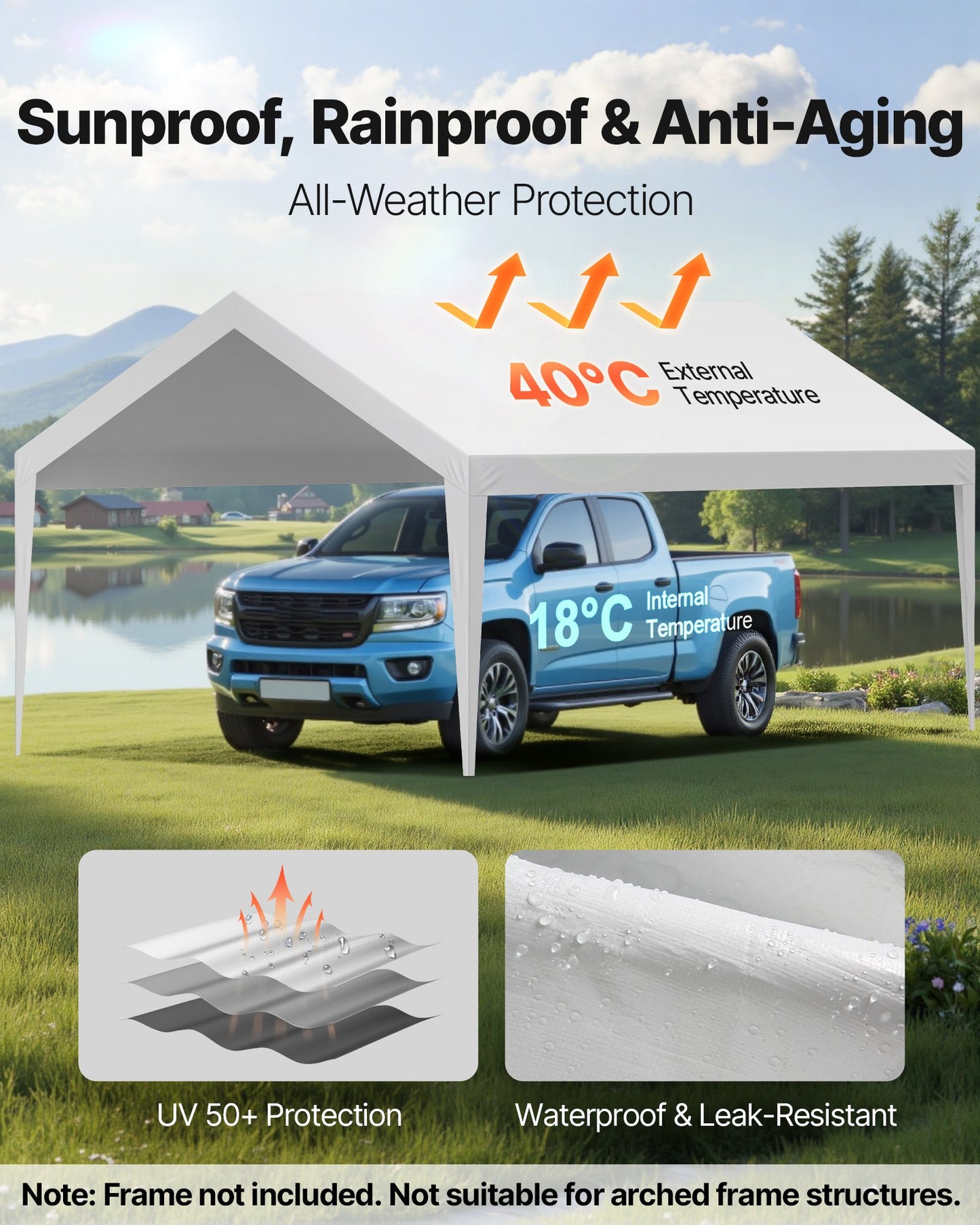 Carport Replacement Canopy, 6 x 3.6 m Potable Garage Tent Top Tarp, UV-Resistant & Waterproof Car Shelter Tarp, Heavy Duty Car Port Cover with Ball Buggees, White, Frame Not Included - Image 3
