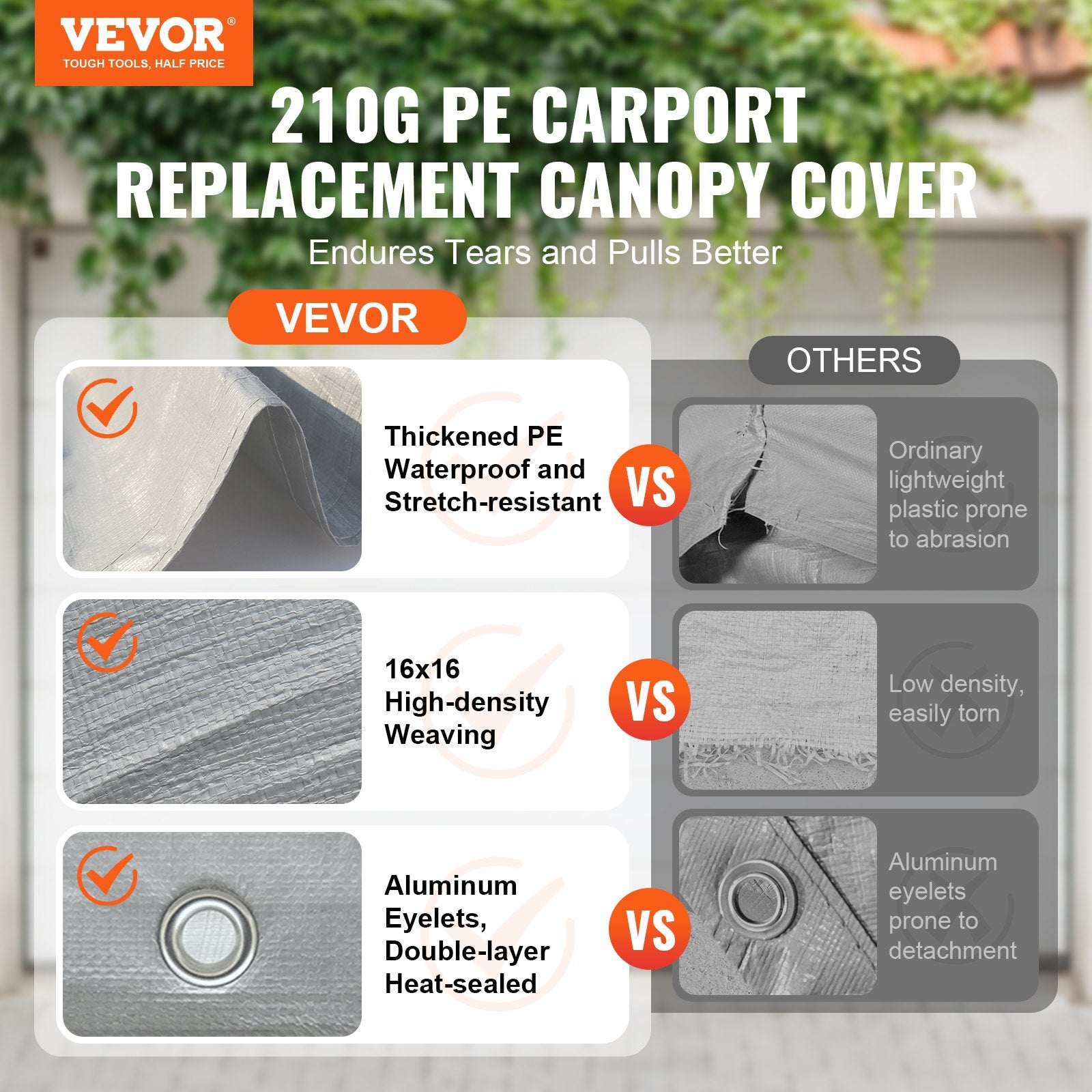 Carport Replacement Canopy Cover 12 x 20 ft, Garage Top Tent Shelter Tarp Heavy-Duty Waterproof & UV Protected, Easy Installation with Ball Bungees,Grey (Only Top Cover, Frame Not Include) - Image 2