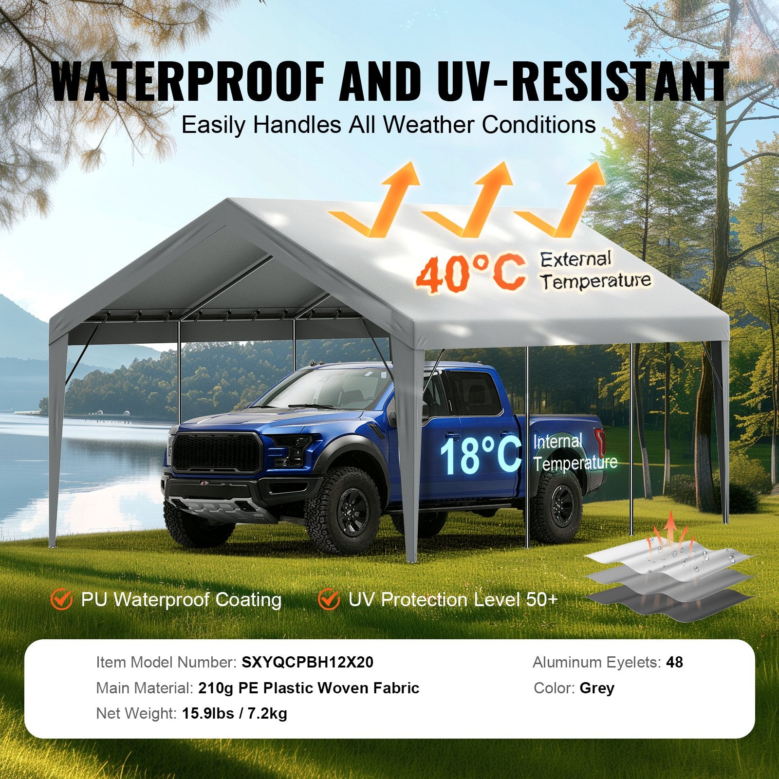 Carport Replacement Canopy Cover 12 x 20 ft, Garage Top Tent Shelter Tarp Heavy-Duty Waterproof & UV Protected, Easy Installation with Ball Bungees,Grey (Only Top Cover, Frame Not Include) - Image 3
