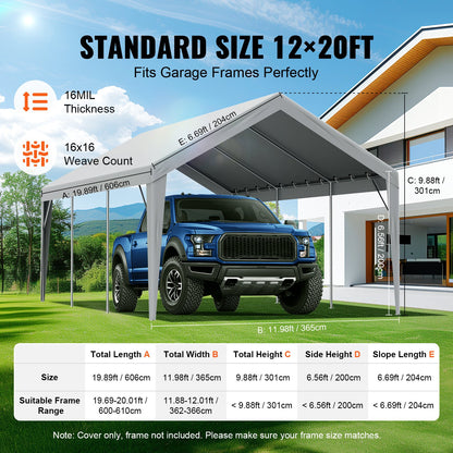 Carport Replacement Canopy Cover 12 x 20 ft, Garage Top Tent Shelter Tarp Heavy-Duty Waterproof & UV Protected, Easy Installation with Ball Bungees,Grey (Only Top Cover, Frame Not Include) - Image 4