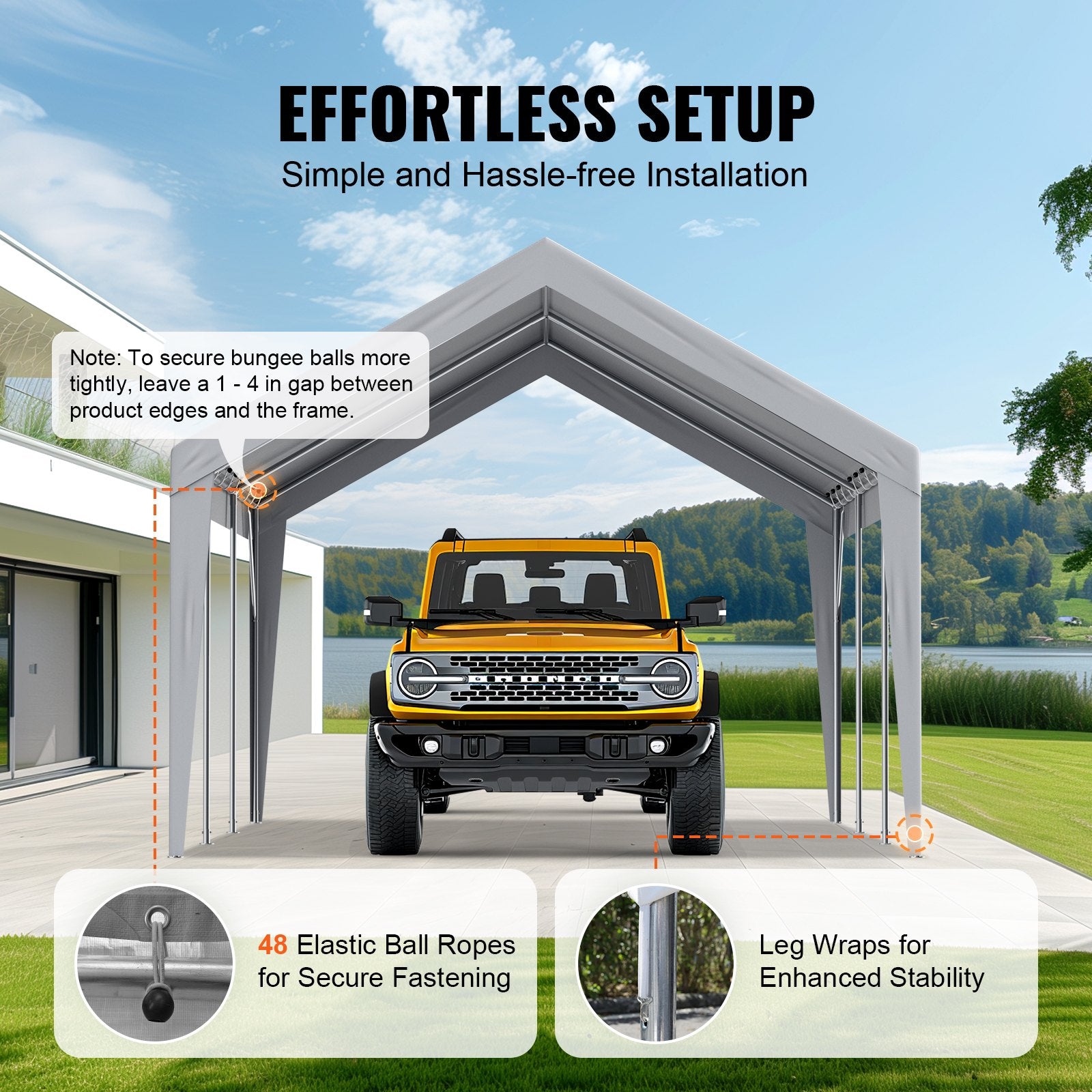 Carport Replacement Canopy Cover 12 x 20 ft, Garage Top Tent Shelter Tarp Heavy-Duty Waterproof & UV Protected, Easy Installation with Ball Bungees,Grey (Only Top Cover, Frame Not Include) - Image 5