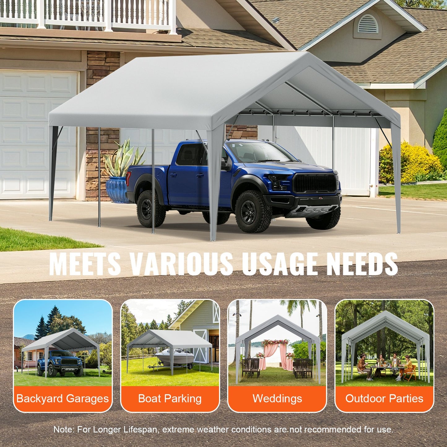 Carport Replacement Canopy Cover 12 x 20 ft, Garage Top Tent Shelter Tarp Heavy-Duty Waterproof & UV Protected, Easy Installation with Ball Bungees,Grey (Only Top Cover, Frame Not Include) - Image 7