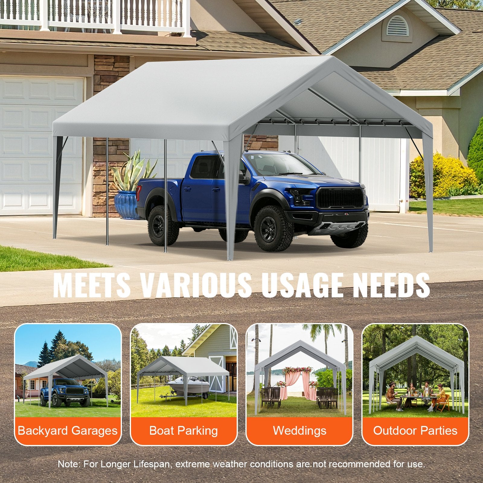 Carport Replacement Canopy Cover 12 x 20 ft, Garage Top Tent Shelter Tarp Heavy-Duty Waterproof & UV Protected, Easy Installation with Ball Bungees,Grey (Only Top Cover, Frame Not Include) - Image 7