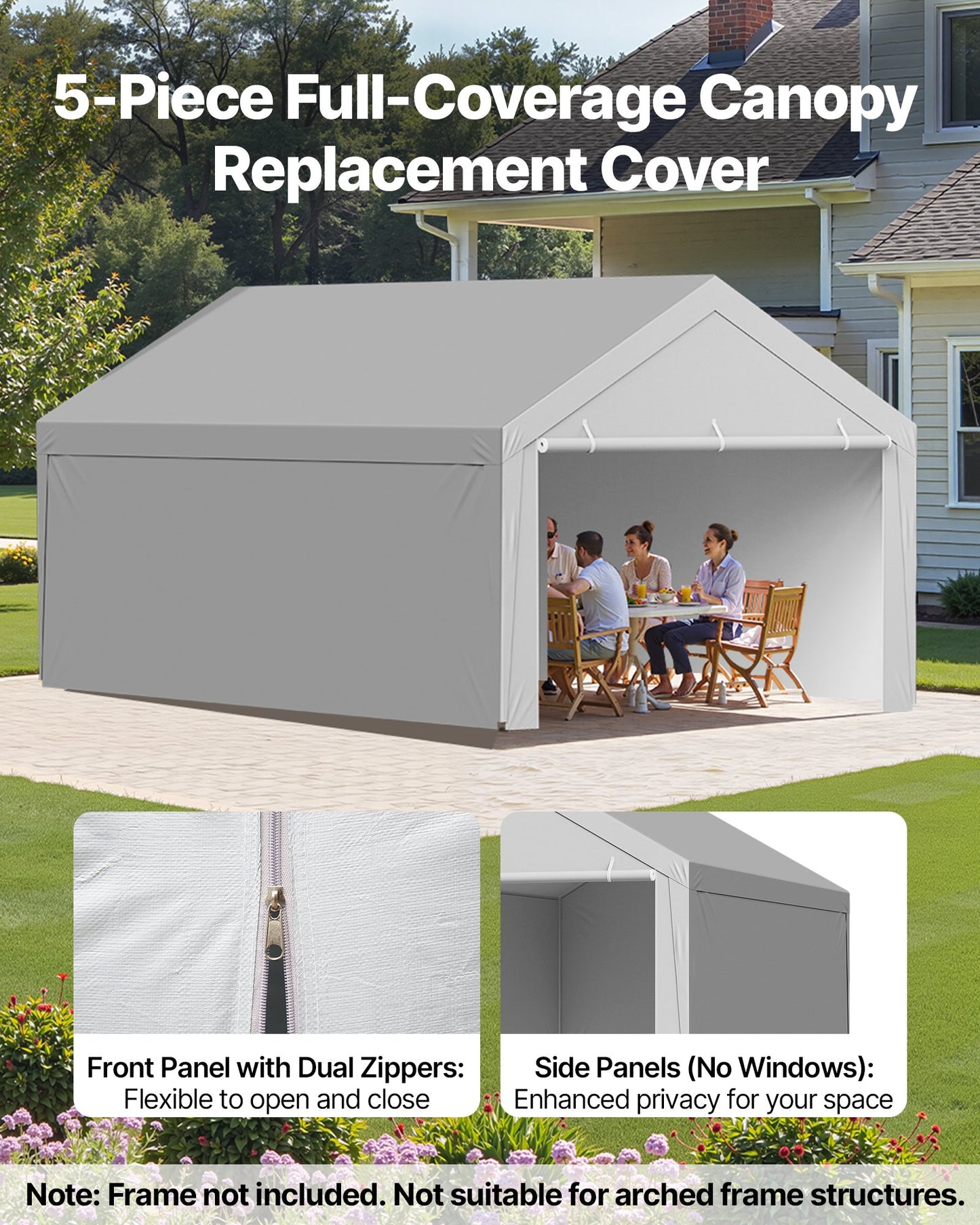 Carport Replacement Canopy, 6x 3.6 m Potable Garage Tent Top Tarp with Sidewalls, UV-Resistant & Waterproof, Heavy Duty Car Shelter Tarp with Ball Buggees, Grey, Frame Not Included - Image 3