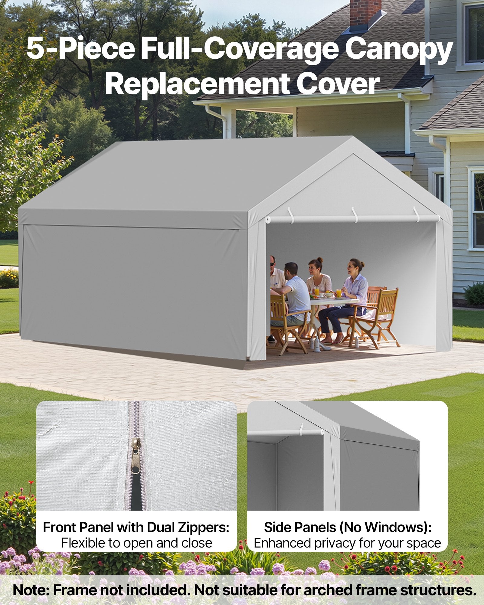 Carport Replacement Canopy, 6x 3.6 m Potable Garage Tent Top Tarp with Sidewalls, UV-Resistant & Waterproof, Heavy Duty Car Shelter Tarp with Ball Buggees, Grey, Frame Not Included - Image 3