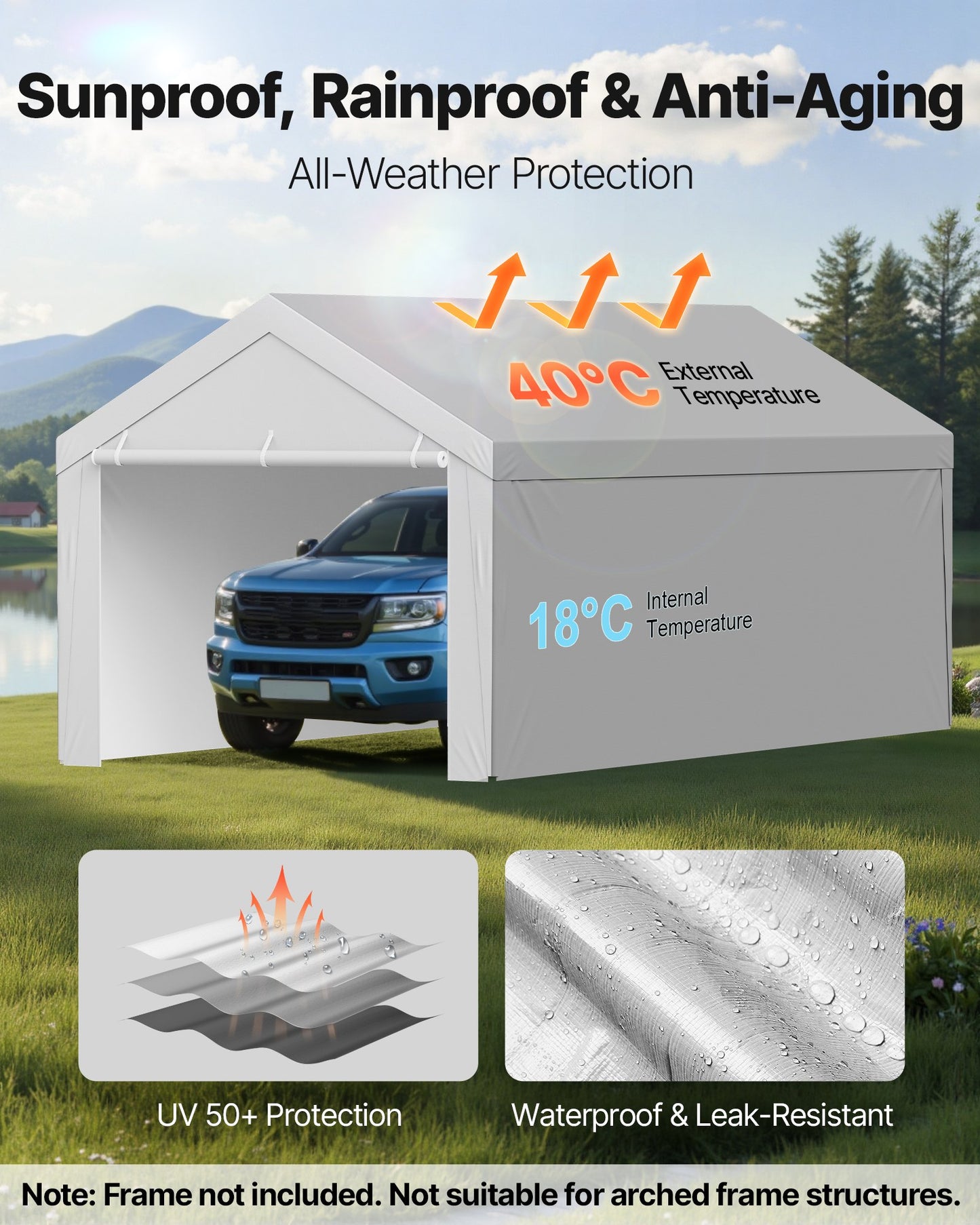 Carport Replacement Canopy, 6x 3.6 m Potable Garage Tent Top Tarp with Sidewalls, UV-Resistant & Waterproof, Heavy Duty Car Shelter Tarp with Ball Buggees, Grey, Frame Not Included - Image 4