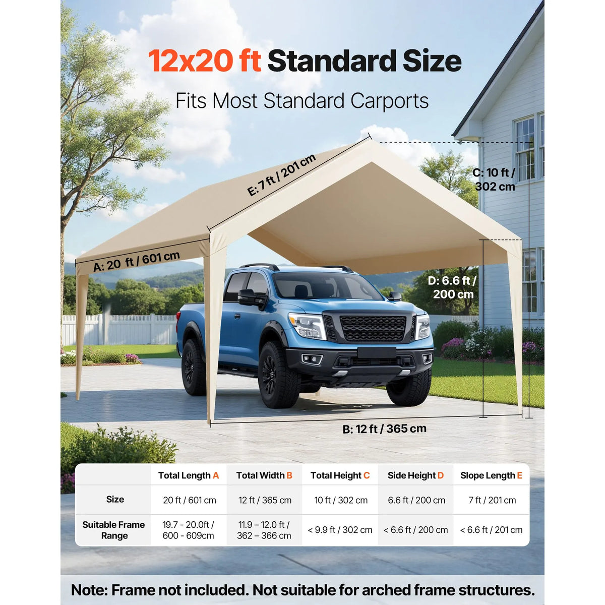 Carport Replacement Canopy, 6 x 3.6 m Potable Garage Tent Top Tarp, UV-Resistant & Waterproof Car Shelter Tarp, Heavy Duty Car Port Cover with Ball Buggees, Beige, Frame Not Included - Image 2