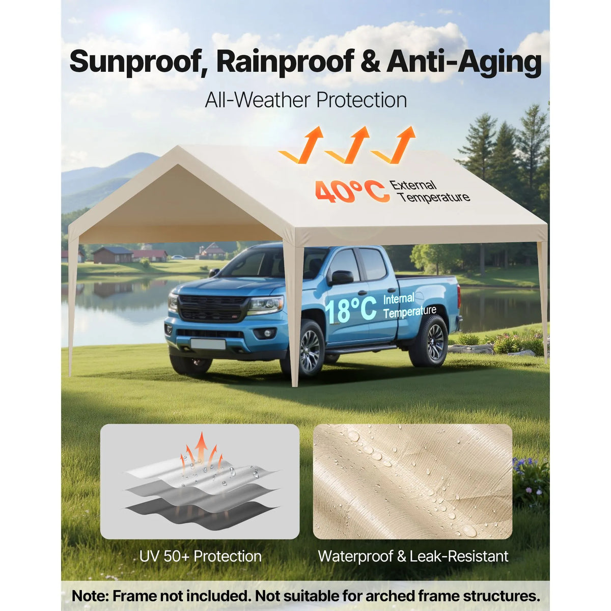Carport Replacement Canopy, 6 x 3.6 m Potable Garage Tent Top Tarp, UV-Resistant & Waterproof Car Shelter Tarp, Heavy Duty Car Port Cover with Ball Buggees, Beige, Frame Not Included - Image 3