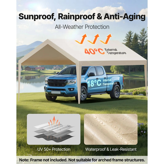 Carport Replacement Canopy, 6 x 3.6 m Potable Garage Tent Top Tarp, UV-Resistant & Waterproof Car Shelter Tarp, Heavy Duty Car Port Cover with Ball Buggees, Beige, Frame Not Included - Image 3