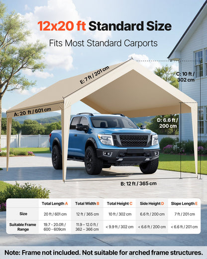 Carport Replacement Canopy, 6 x 3.6 m Potable Garage Tent Top Tarp, UV-Resistant & Waterproof Car Shelter Tarp, Heavy Duty Car Port Cover with Ball Buggees, Beige, Frame Not Included - Image 2