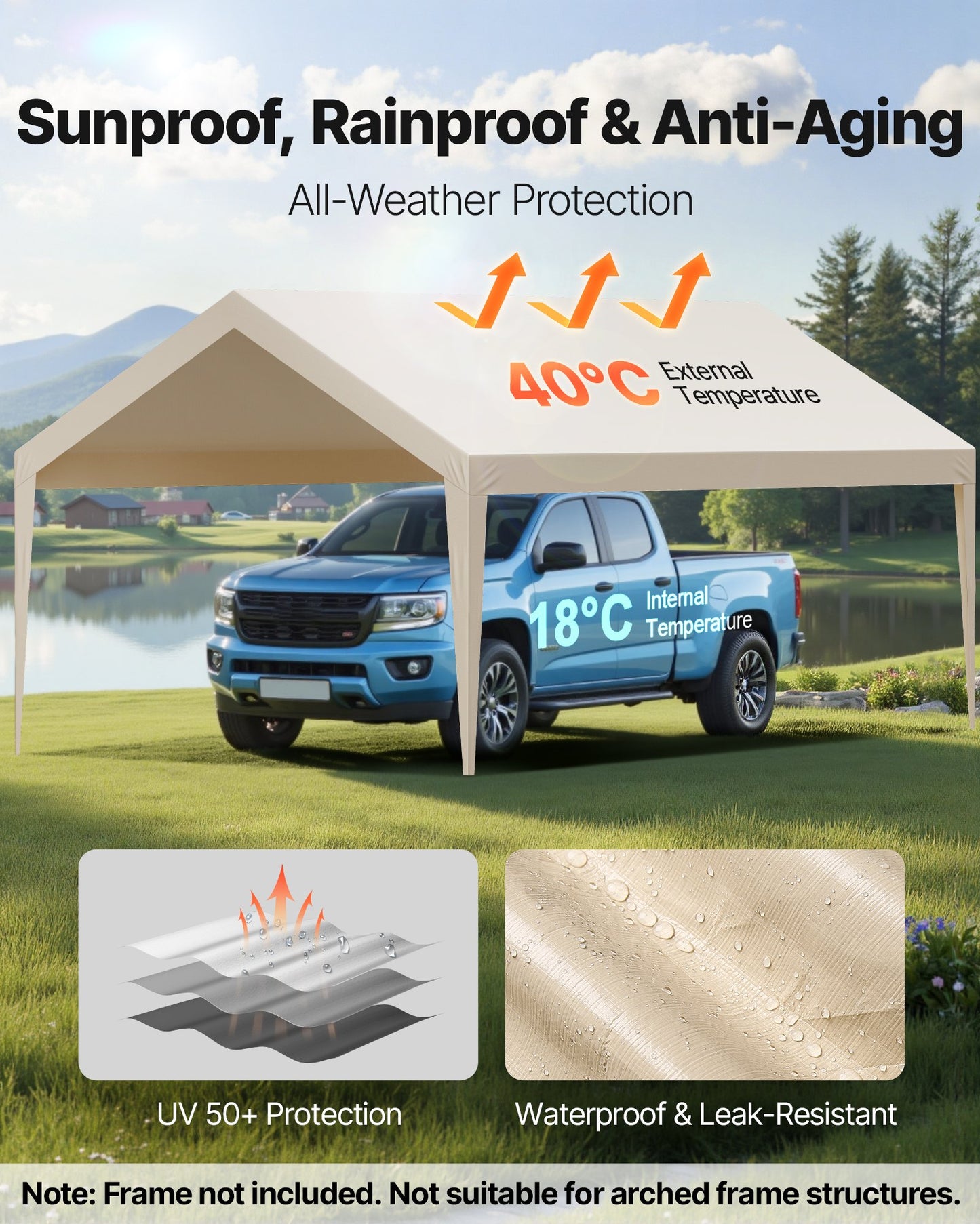 Carport Replacement Canopy, 6 x 3.6 m Potable Garage Tent Top Tarp, UV-Resistant & Waterproof Car Shelter Tarp, Heavy Duty Car Port Cover with Ball Buggees, Beige, Frame Not Included - Image 3