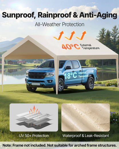 Carport Replacement Canopy, 6 x 3.6 m Potable Garage Tent Top Tarp, UV-Resistant & Waterproof Car Shelter Tarp, Heavy Duty Car Port Cover with Ball Buggees, Beige, Frame Not Included - Image 3