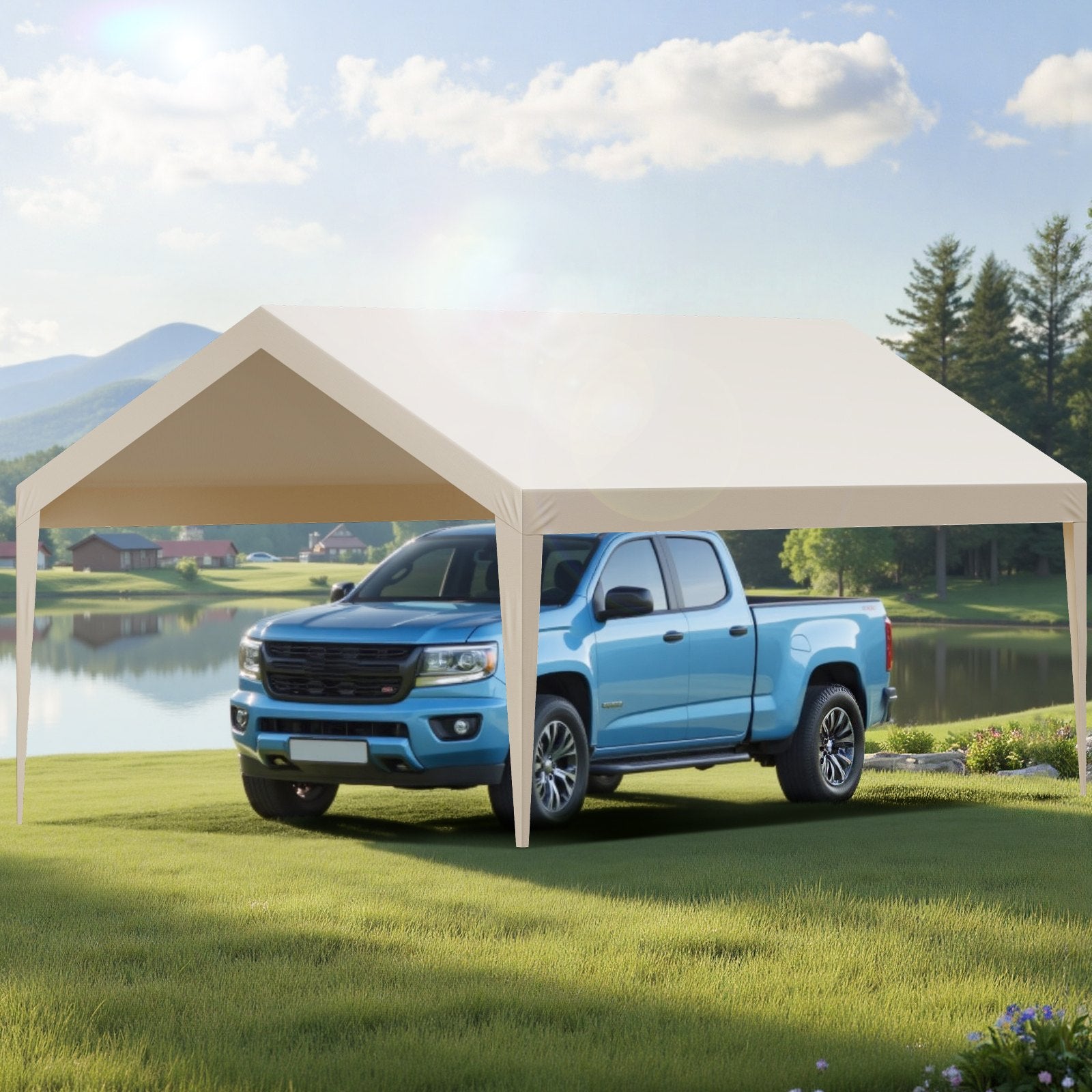 Carport Replacement Canopy, 6 x 3.6 m Potable Garage Tent Top Tarp, UV-Resistant & Waterproof Car Shelter Tarp, Heavy Duty Car Port Cover with Ball Buggees, Beige, Frame Not Included - Image 8