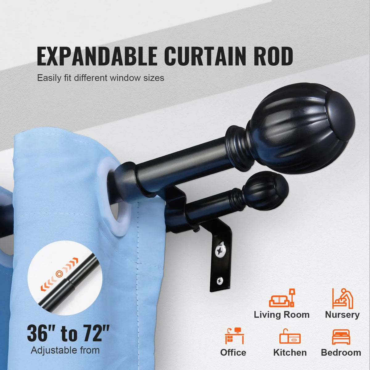 Double Rod Curtain Rods, 36-72 inches(3-6ft) Adjustable Length, Black Double Curtain Rods with Round Finials, 1" and 3/4" Diameter, Double Window Drapery Rod for Sheer and Blackout Curtains - Image 2