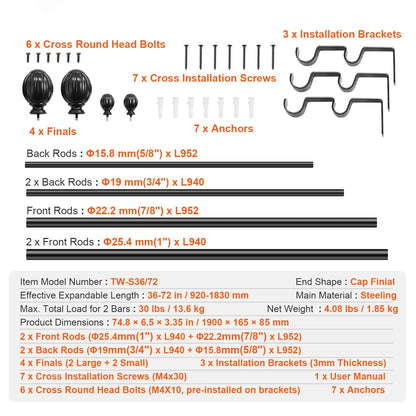 Double Rod Curtain Rods, 36-72 inches(3-6ft) Adjustable Length, Black Double Curtain Rods with Round Finials, 1" and 3/4" Diameter, Double Window Drapery Rod for Sheer and Blackout Curtains - Image 7