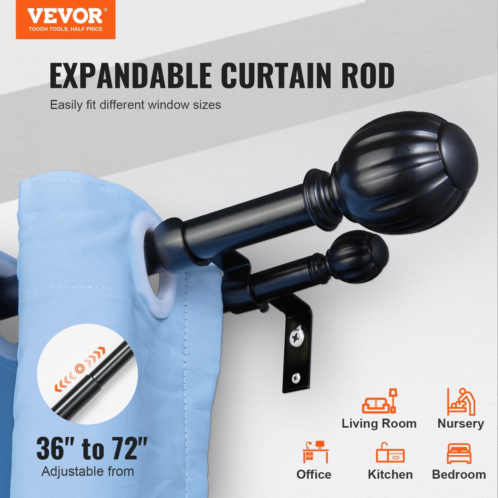 Double Rod Curtain Rods, 36-72 inches(3-6ft) Adjustable Length, Black Double Curtain Rods with Round Finials, 1" and 3/4" Diameter, Double Window Drapery Rod for Sheer and Blackout Curtains - Image 2