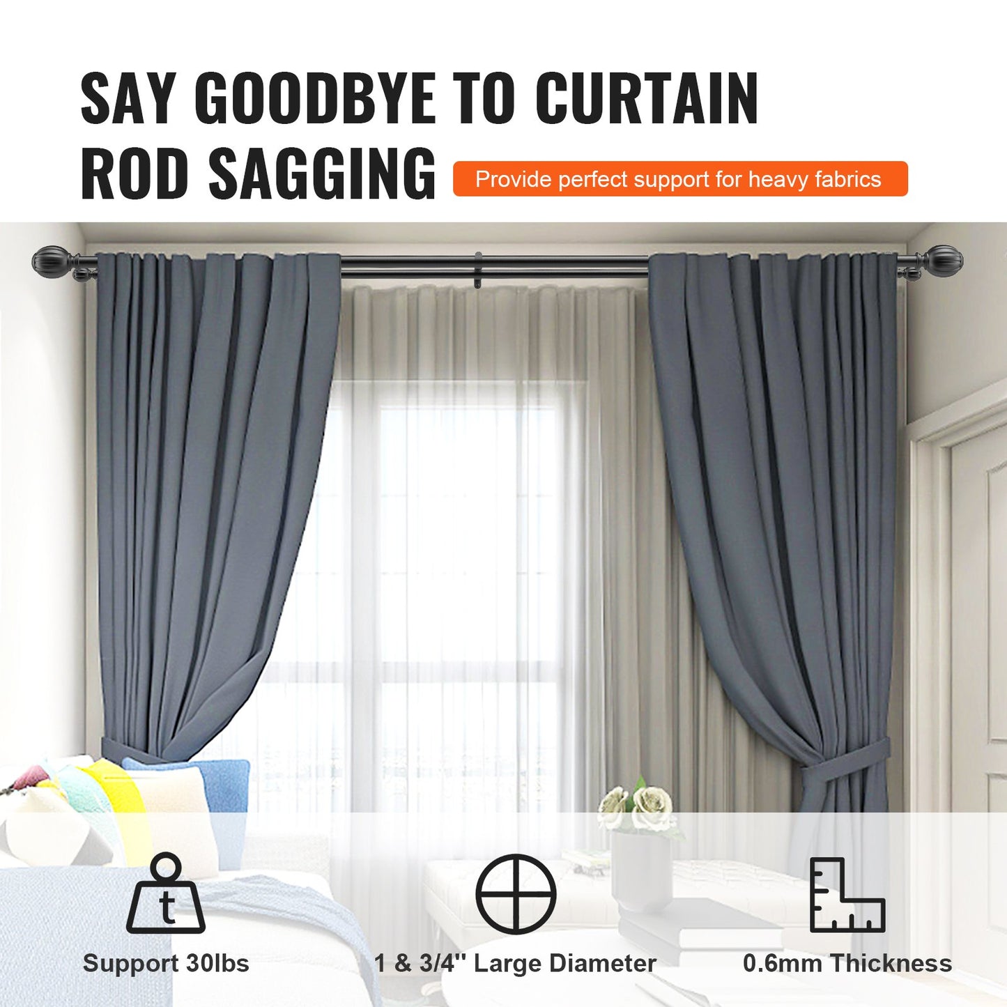 Double Rod Curtain Rods, 36-72 inches(3-6ft) Adjustable Length, Black Double Curtain Rods with Round Finials, 1" and 3/4" Diameter, Double Window Drapery Rod for Sheer and Blackout Curtains - Image 3