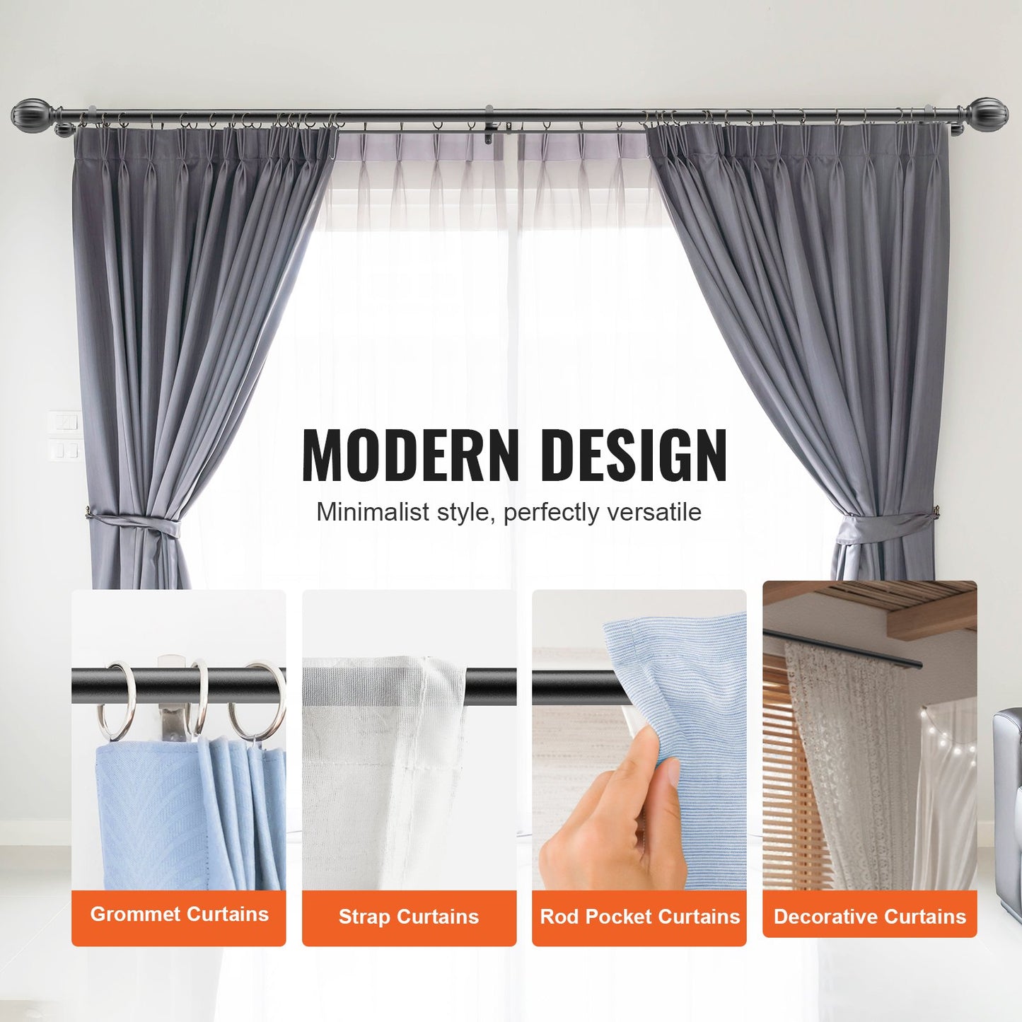 Double Rod Curtain Rods, 36-72 inches(3-6ft) Adjustable Length, Black Double Curtain Rods with Round Finials, 1" and 3/4" Diameter, Double Window Drapery Rod for Sheer and Blackout Curtains - Image 5