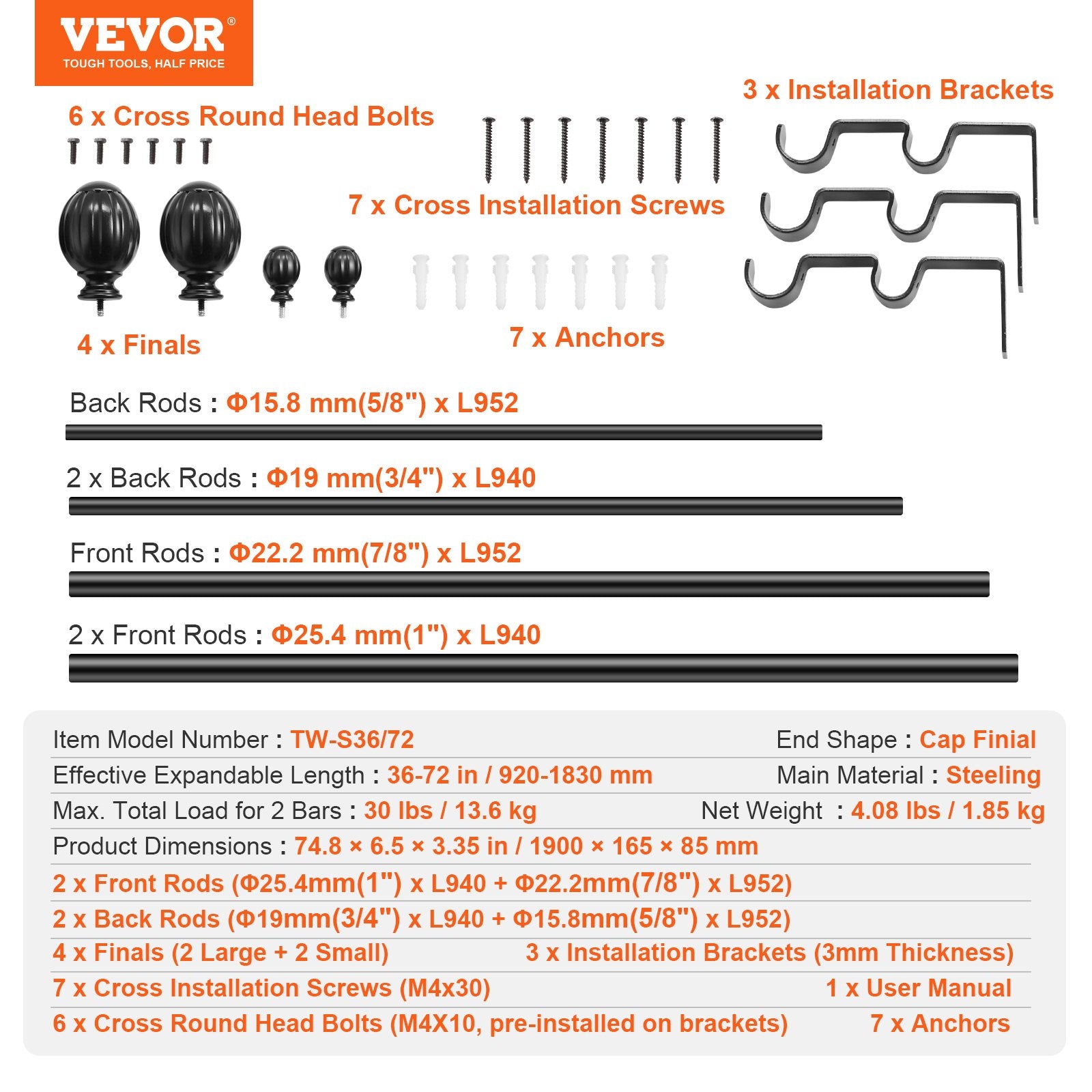 Double Rod Curtain Rods, 36-72 inches(3-6ft) Adjustable Length, Black Double Curtain Rods with Round Finials, 1" and 3/4" Diameter, Double Window Drapery Rod for Sheer and Blackout Curtains - Image 7