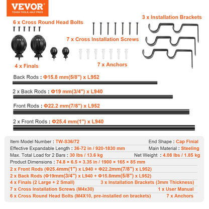 Double Rod Curtain Rods, 36-72 inches(3-6ft) Adjustable Length, Black Double Curtain Rods with Round Finials, 1" and 3/4" Diameter, Double Window Drapery Rod for Sheer and Blackout Curtains - Image 7