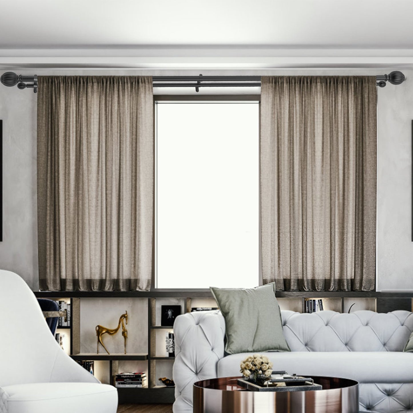 Double Rod Curtain Rods, 36-72 inches(3-6ft) Adjustable Length, Black Double Curtain Rods with Round Finials, 1" and 3/4" Diameter, Double Window Drapery Rod for Sheer and Blackout Curtains - Image 8