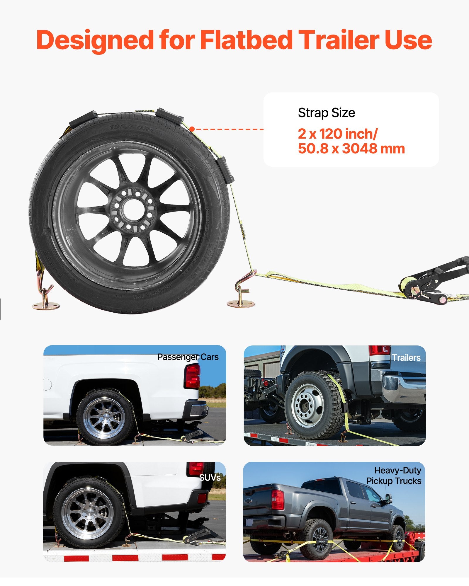 Wheel Chock Tie-Down Kit, Deck-Style Trailer Tie Down Strap, Car Tie Down Kit with J-Hook, Break Strength 4540 kg & Working Load 1512 kg Motorcycle Tie-Down System for SUVs, Trailers, Trucks - Image 4